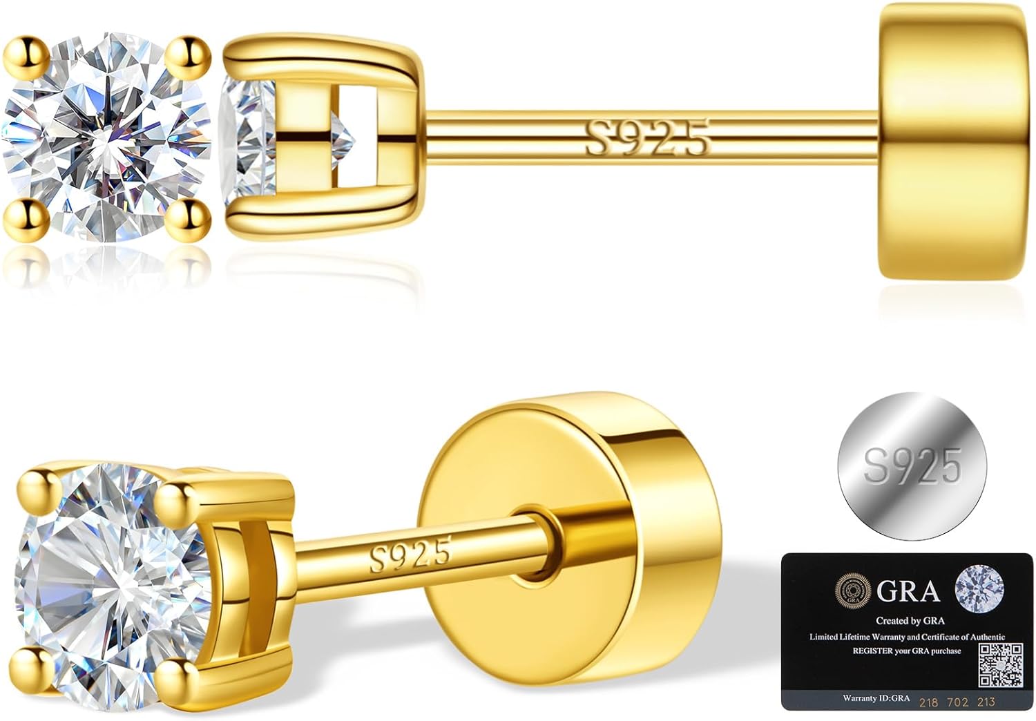 Moissanite Stud Earrings for Women, Hypoallergenic White Gold/14K Gold Plated 925 Sterling Silver Flat Back Studs D Color VVS1 Round Cut Cartilage Helix Piercing Anniversary Jewelry Gifts