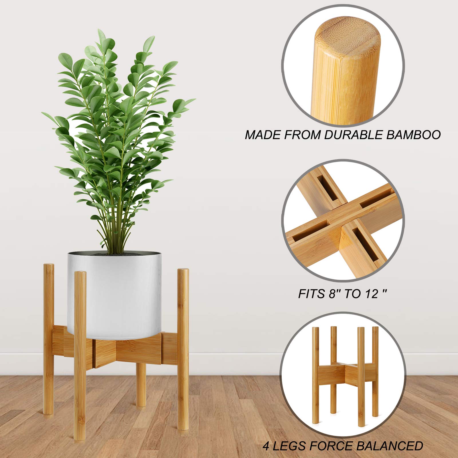 Set Di 3 Vasi In Gres Con 2 Supporti Mid-Century: Altezza Regolabile 8-28 Cm, Piante Non Incluse