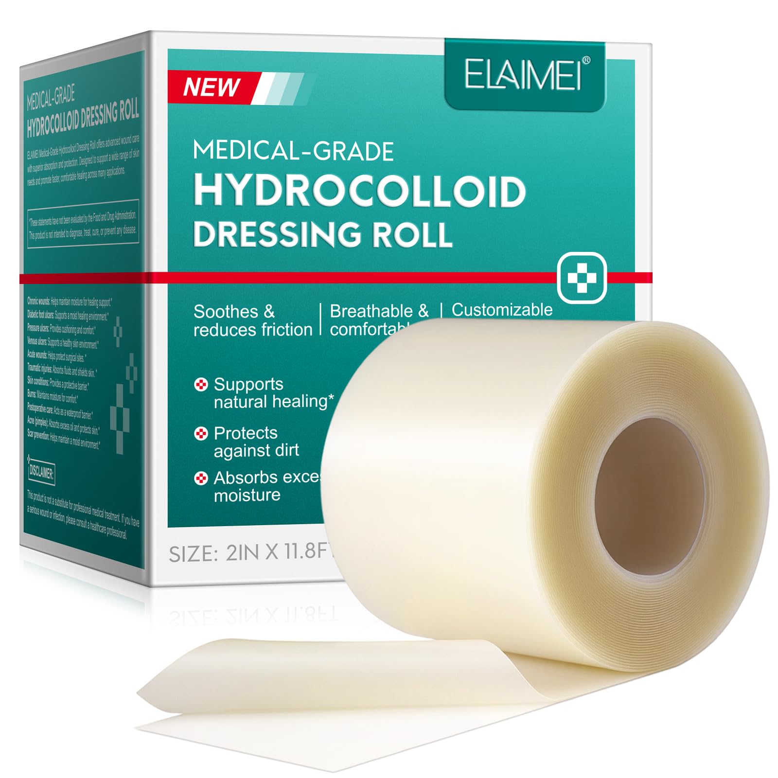 Hydrokolloid-Rollenverband: 5cm x 3.6m selbst zuschneidbare Rolle, große Hydrokolloid-Pflaster für Wunden, wasserdichtes Pflaster, unsichtbar, Heimwesentlich, selbstklebend