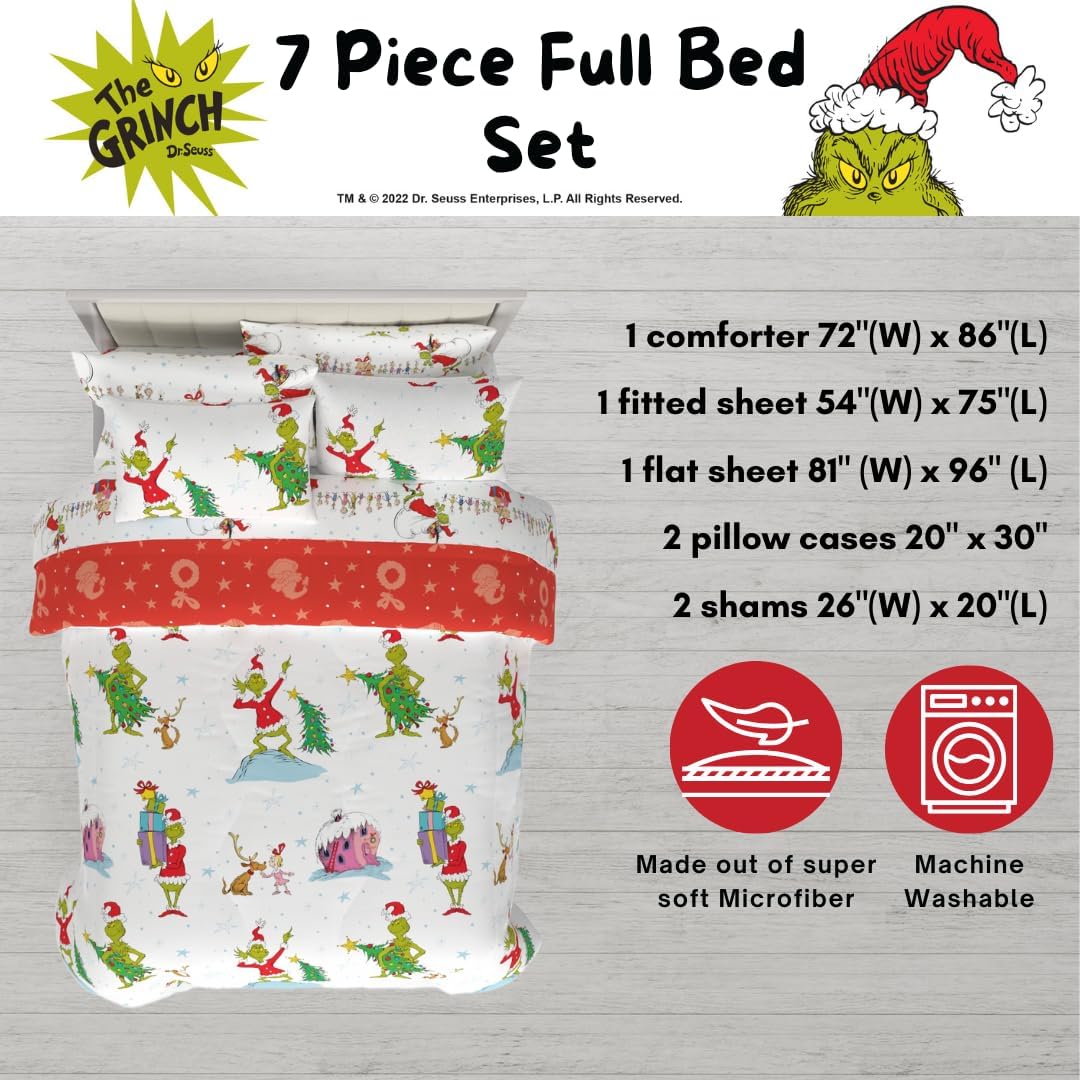 Grinch by Dr. Seuss Holiday & Christmas Bedding Super Soft Comforter and Sheet Set with Sham, 7 Piece Full Size (Official Dr. Seuss Product) by Franco