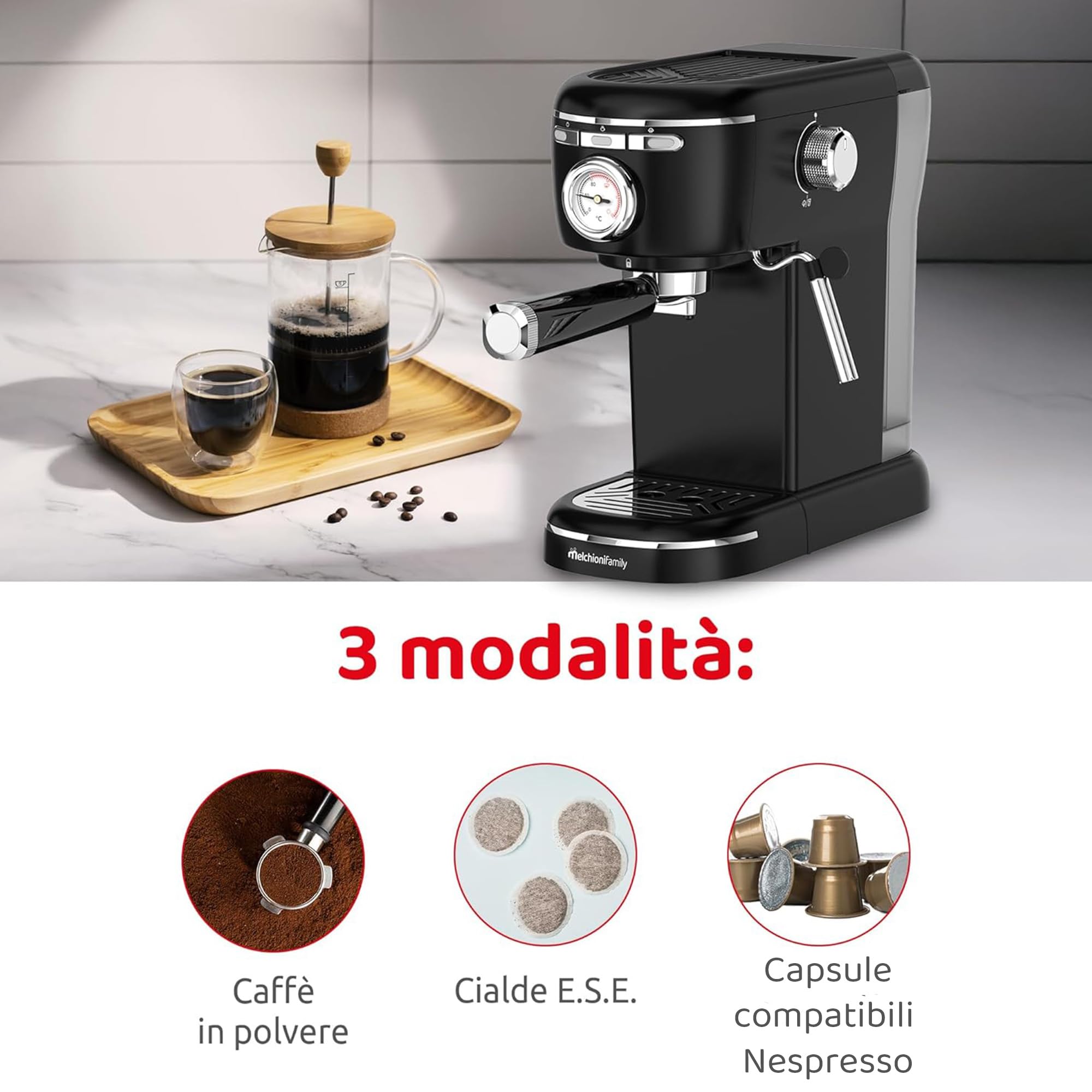 Aromatica Plus Machine à Café Expresso 3 en 1 Compatible Dosettes E.S.E, Capsules et Café Moulu | 15 Bars, Réservoir 1,2L, Mousseur à Lait Manuel pour Cappuccino, Noir