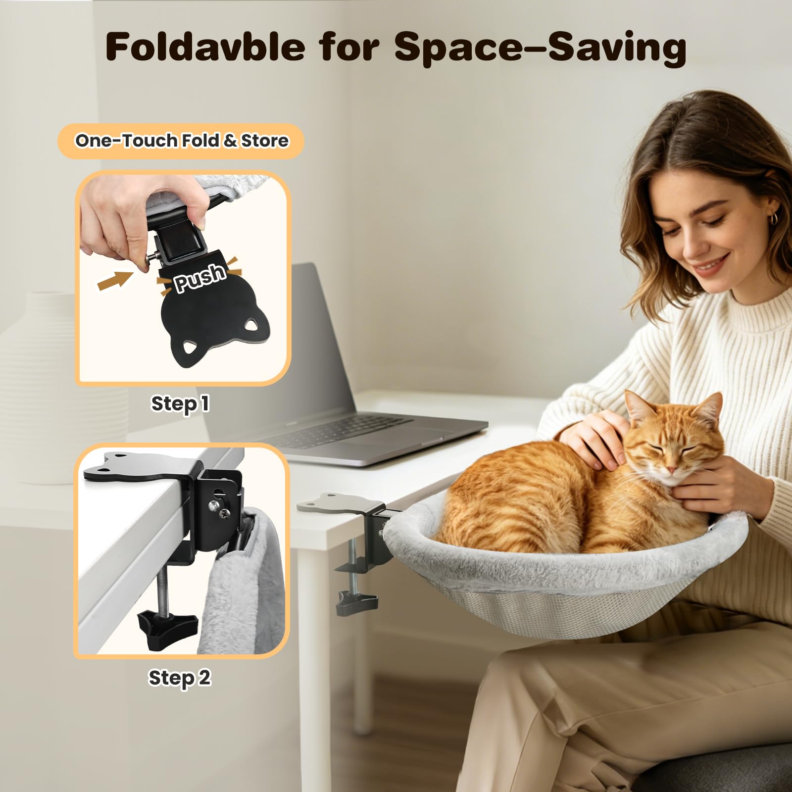 VavoPaw Cama-Escritorio para Gatos, Percha Metálica para Gatos Sin Necesidad De Taladrar, Hamaca Plegable con Clip Y Alfombrilla, Soporta hasta 18 Kg, Muebles para Gatos Que Ahorran Espacio, Gris