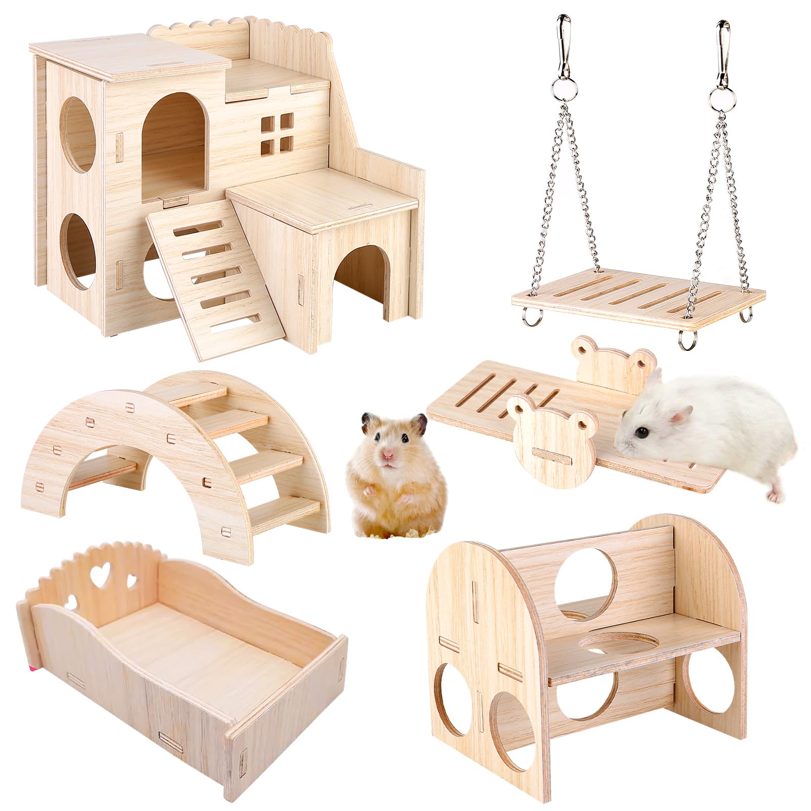 Vegena Wooden Hamster Toy Set, 6 Pcs Hamster Toys Set, Wooden Pine Guinea Pigs Toy, Including Wooden Hamster House Seesaw Bridge And Swing, Wooden Toys for Hamster Bunnies Small Pet