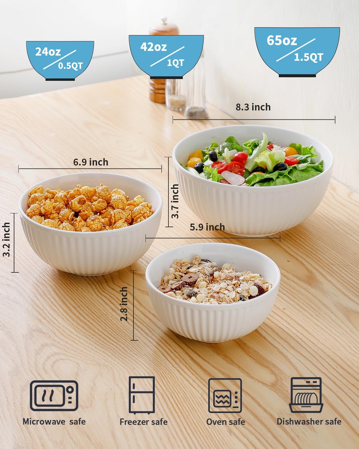 HASENSE Ceramic Ribbed Nesting White Bowls 1.5/1/0.5 Qt For Kitchen, Cooking, Baking and Serving Salad Bowls for Pasta, Small Mixing Bowls of 3, Modern Space Saving Dishes for Kitchen - Image 2