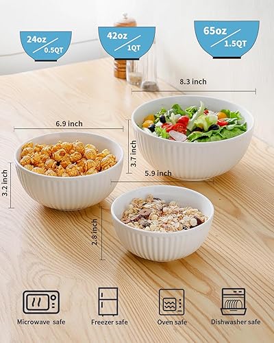 Miniatura 2 de Hasense 3 cuencos de cerámica para mezclar, grandes cuencos blancos acanalados de 1.510.5 cuartos de galón para cocina, cocinar, hornear y servir