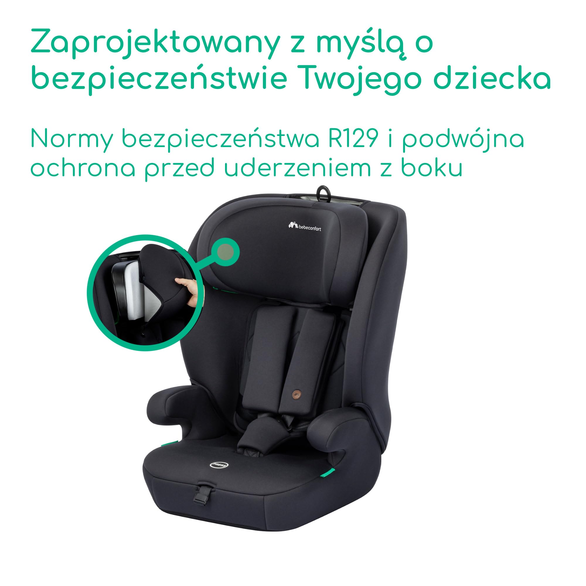 Bebeconfort Ever i-Safe, Ewolucyjny Fotelik Samochodowy, 15 Miesięcy - 12 Lat, 76-150 cm, Fotelik dla Malucha, Bezpieczeństwo R129, Ochrona przed Uderzeniem z Boku, 11 Pozycji Zagłówka, Full Black