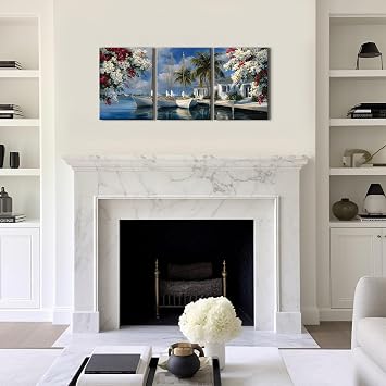 3 Piece Abstract Coastal Wall Art Nature Seaside House Pictures Bathroom Wall Decor Tropical Blossom Flowers Paintings Watercolor Sailing Boat Posters Canvas Prints Nautical Artwork Decorations 12x16