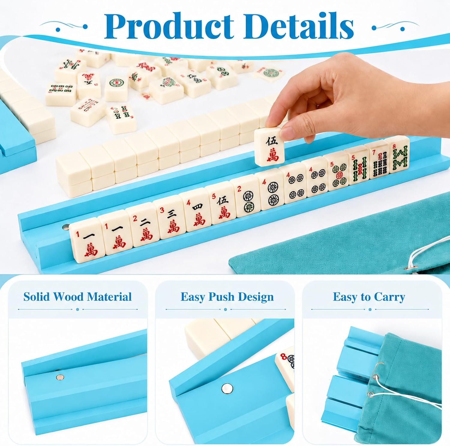 4PCS Wooden Mahjong Racks with Magnetic Pushers, 17.5 Inch, Teal Blue image 3
