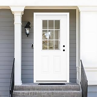 Fiberglass Exterior Door with Brickmould, 36'' x 80'' Front Entry Door - 9 Lite Low-E Glas, Left Hand Inswing, White Wood Grain Primed Knock-Down Door with Vinyl Frame