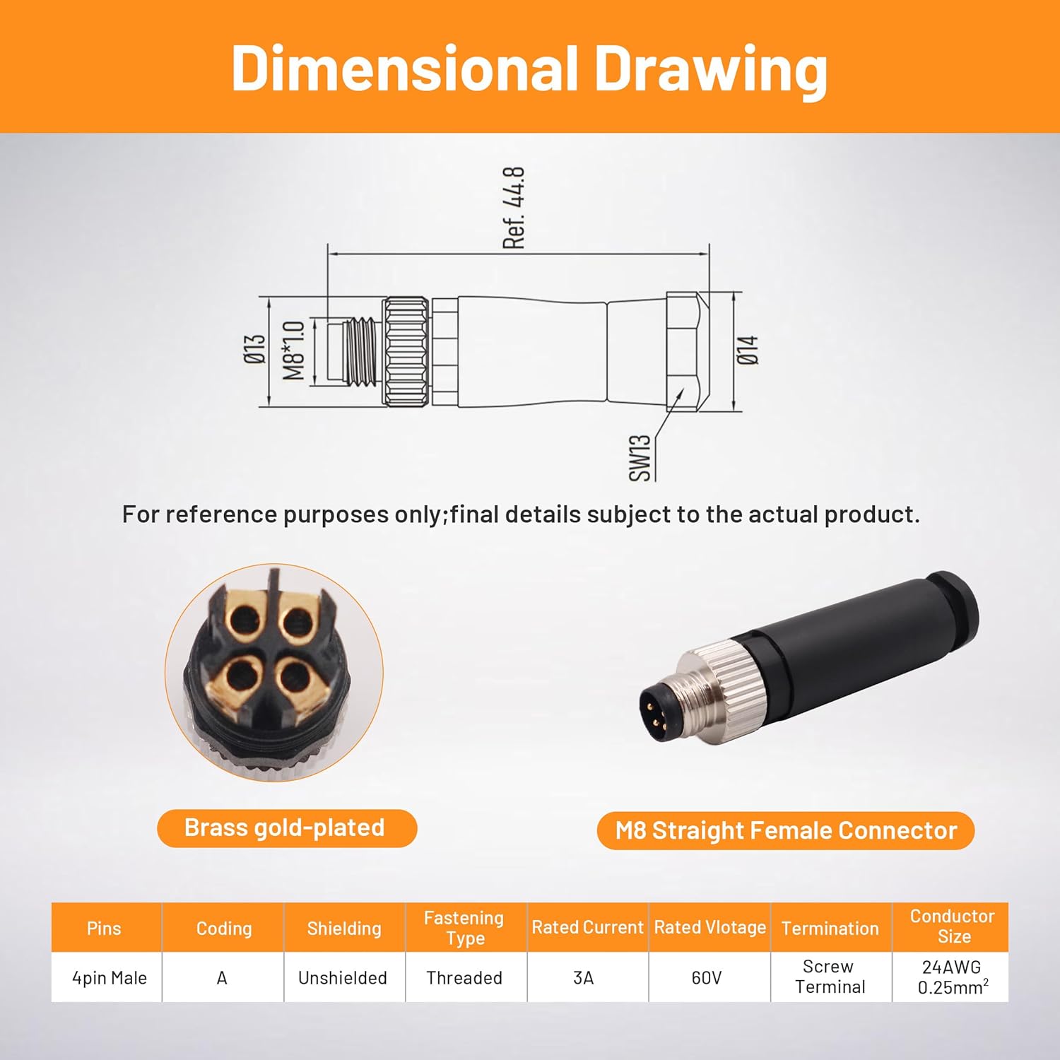 M8 4-Pin Male Connector 4PCS, Waterproof IP67 A-Coded Straight Assemble Wireable Aviation Industrial Circular M8 Connector Non-Shield (4Male, 4Pin Straight)