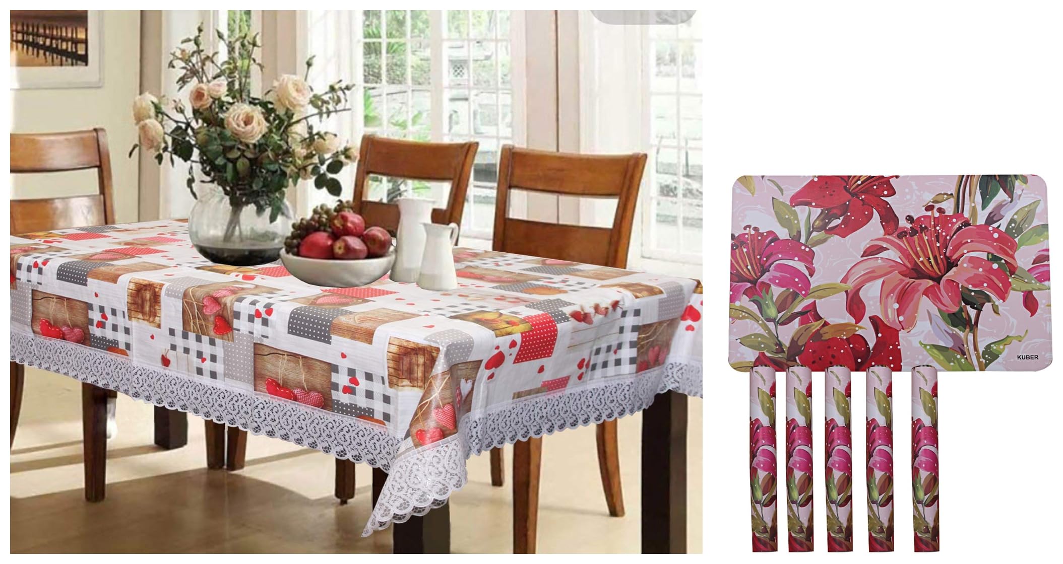 Kuber Industries Dining Table Cover 6 Seater|Table Cloth|Checkered|Cream & Flower Design PVC 6Pcs Dining Table Placemat Set (Pink, Ctktc13698, Standard), Rectangular (B0CCV2G7T8) Amazon Price History, Amazon Price Tracker