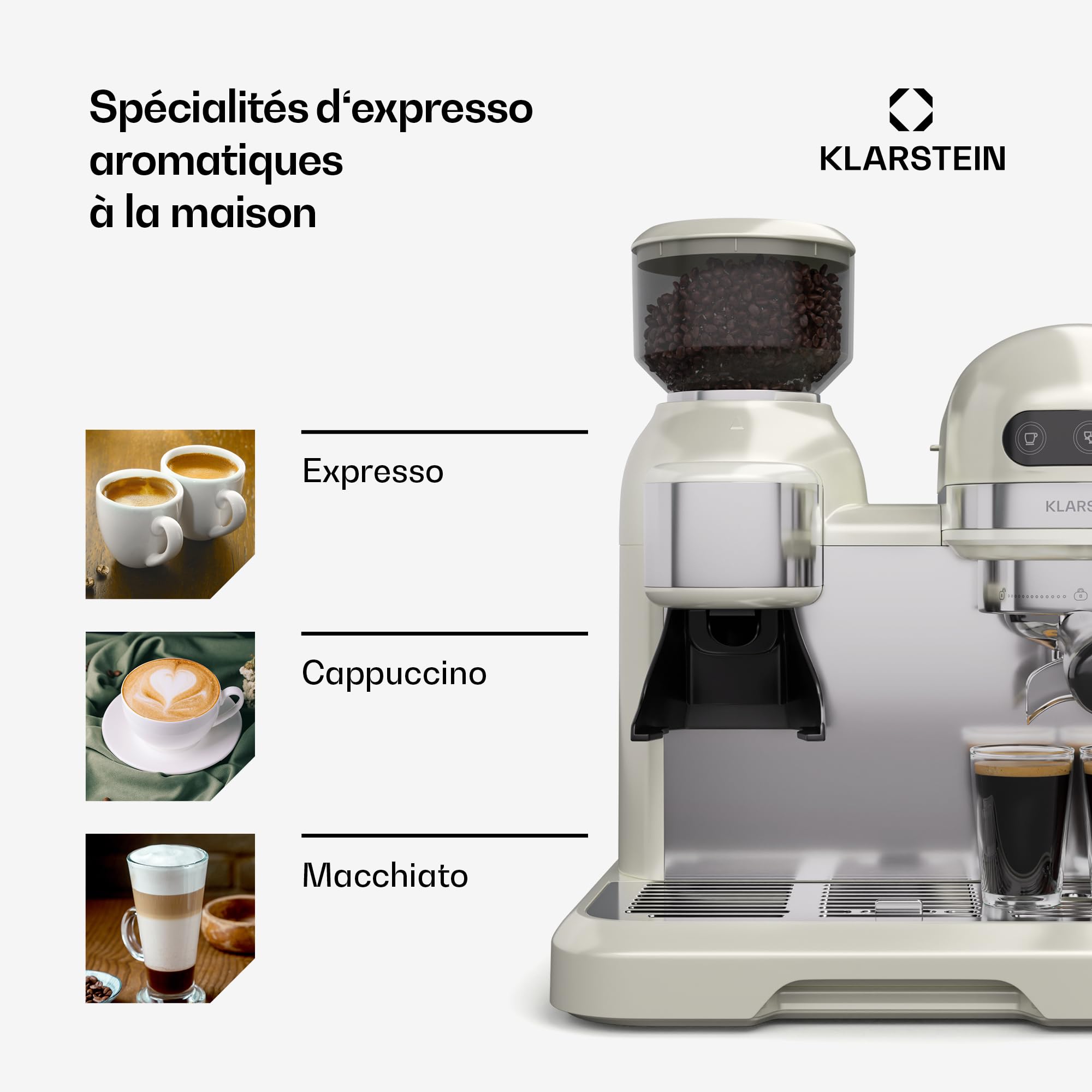 KLARSTEIN Bella Café Machine à café en grain – 19 Bars, 1550 W, Broyeur intégré 200 g, Mousseur à lait, Réservoir 1,4 L, Acier inoxydable, Design rétro, Crème