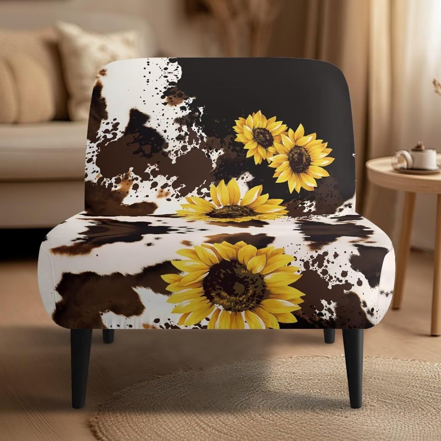 Merkmak Milk Cow Print Armless Accent Chair Cover Slipcover Sunflower Armless Slipper Chair Covers Non Slip Single Sofa Protector Without Arms Couch Slipcover for Farmhouse Decoration