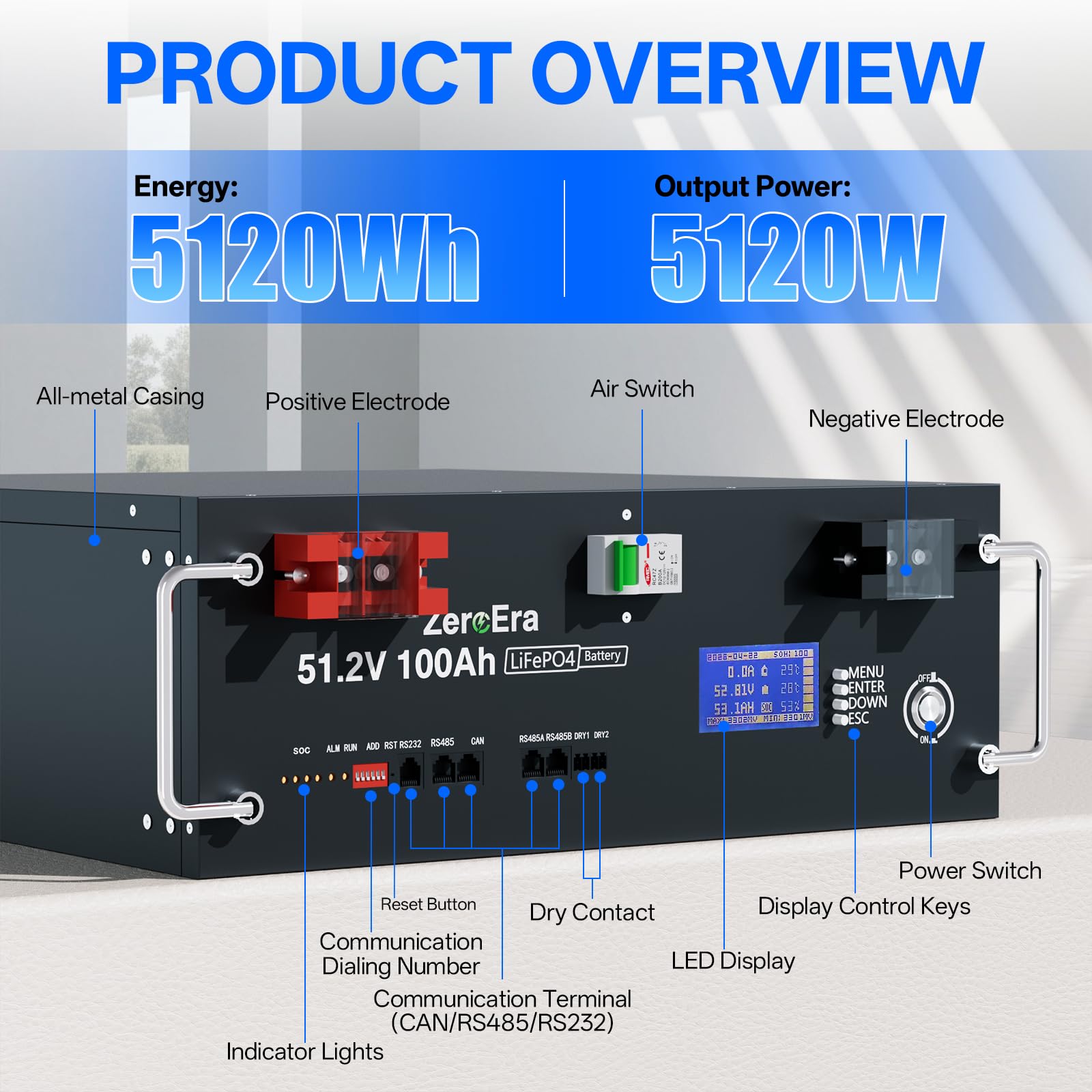Akumulator LiFePO4 48V 100Ah,Akumulator 5,12 KWh Szafy Serwerowej 3U,BMS 100A,Inteligentny Wyświetlacz,RS485/CAN,Ponad 15000 Cykli Głębokiego Rozładowania,Obsługa Komunikacji z Falownikiem (5 * 48V)