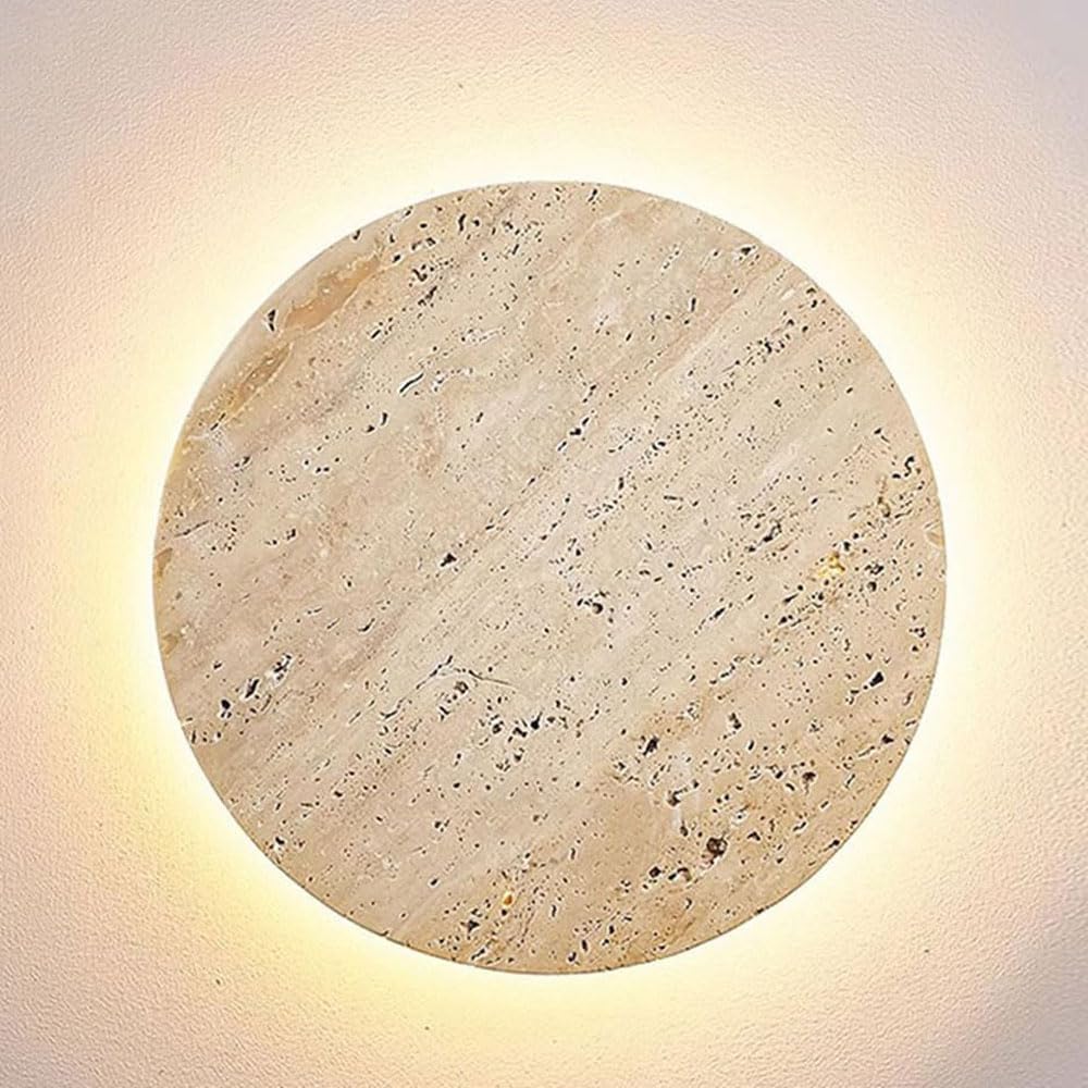 HEBXMF Wabi Sabi Style Yellow Travertine Wall Sconce, Natural Stone Round Wall Lamp, LED Indoor Hardwired Wall Light, Living Room Bedroom Entryway Decorative Lighting Fixtures