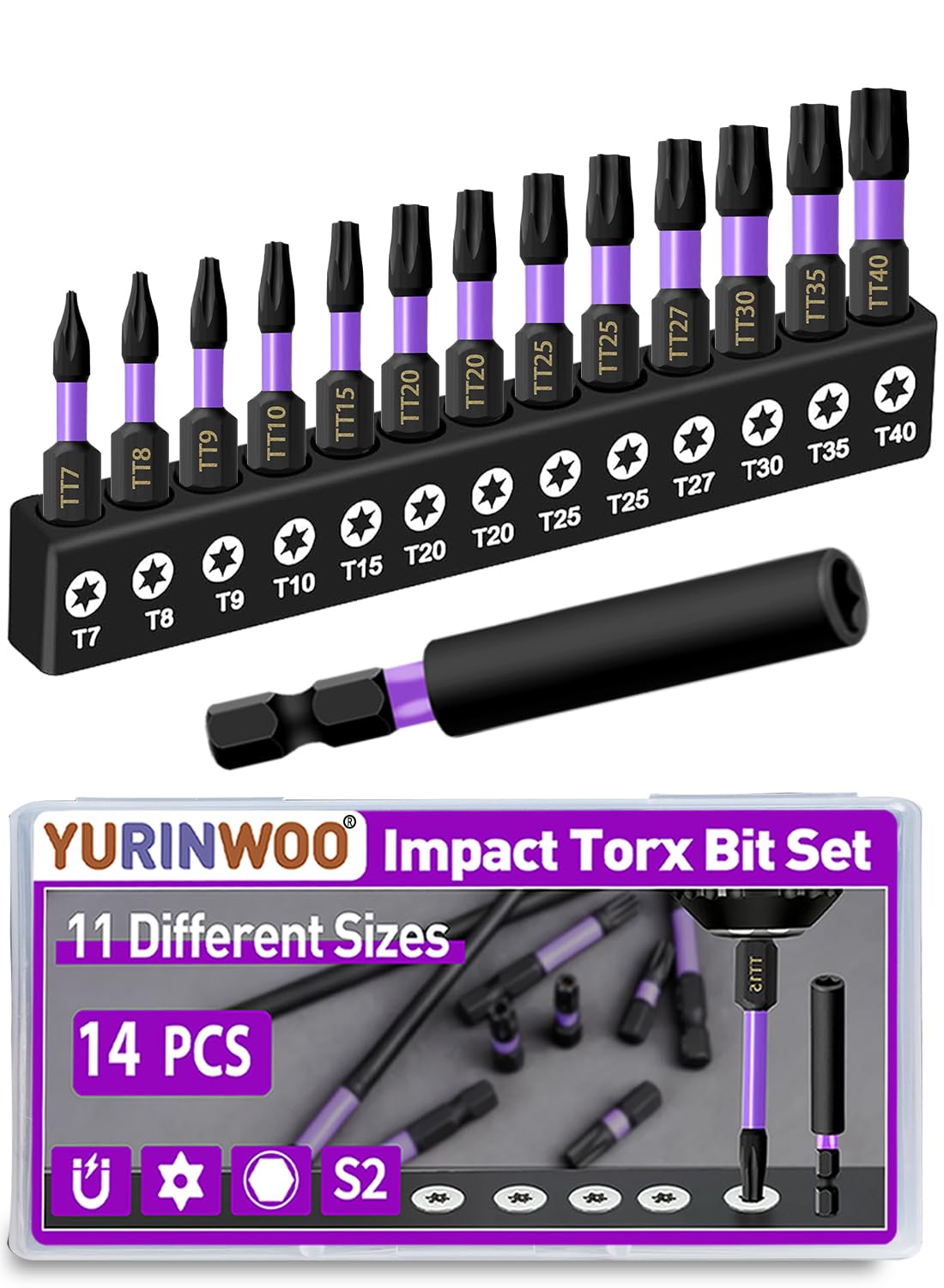 14 Pcs Torx Screwdriver Star Bit Set, 1" (25mm) Long Star Magnetic Screwdriver Bits, 1/4" Hex Shank S2 Steel Tamper Proof Torx Bit with 2.3" Magnetic Extension Bit Holder and Storage Box