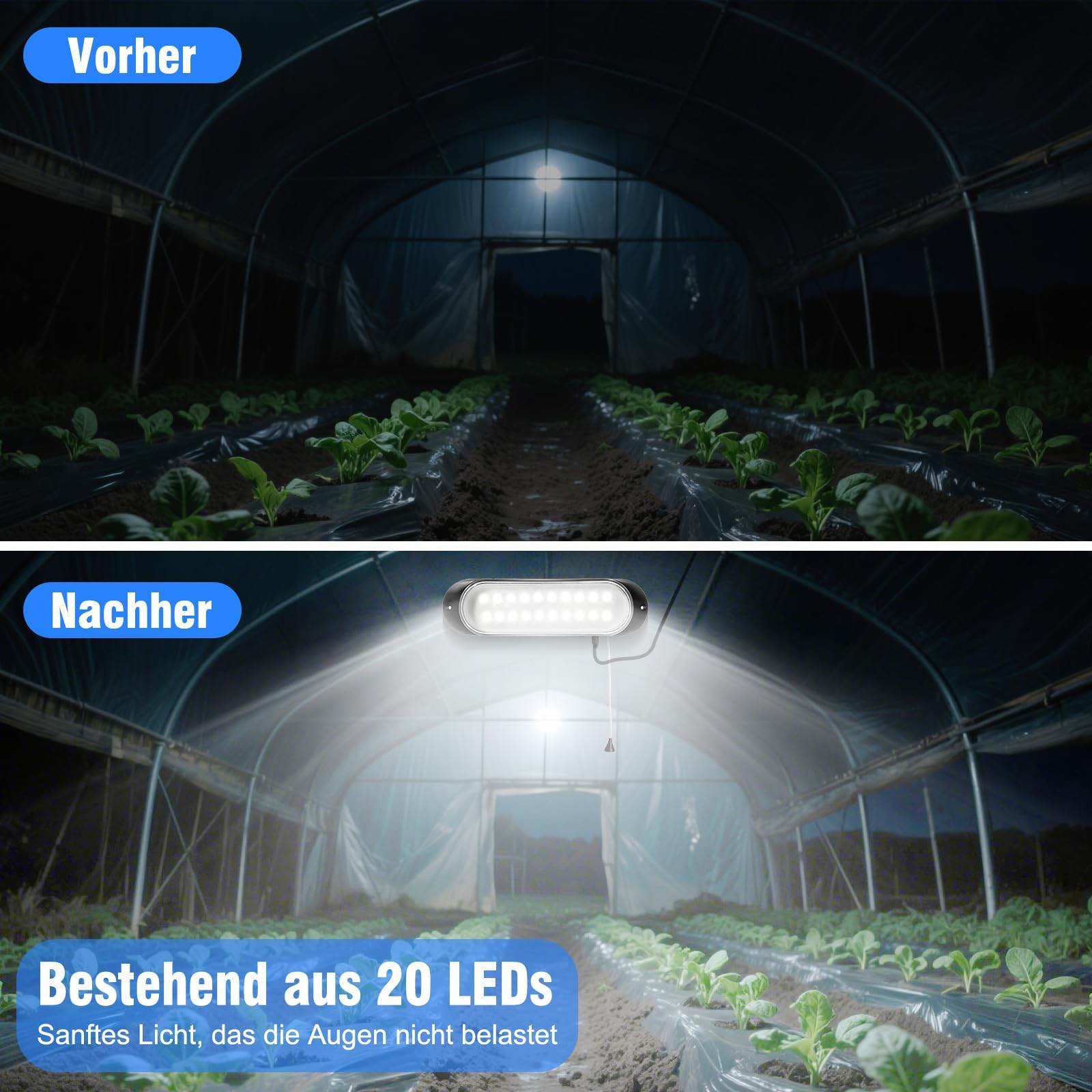 ChunHee interior al aire libre solar lámpara colgante IP65 impermeable 20LED solar cobertizo luz con cadena de control de lámparas solares para jardín, garaje, camino, patio, césped, gallinero
