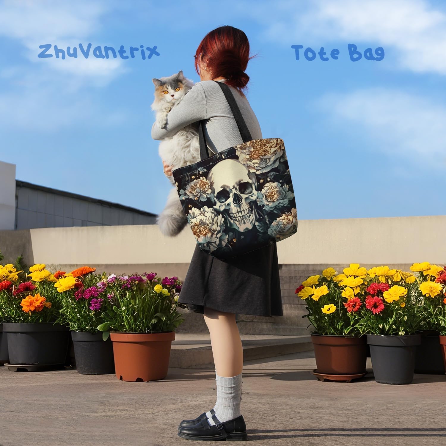 Floral Skull Tote Bag Reusable Grocery Bags Cute Aesthetic Shopping Shoulder Handbag with Interior Zipper Pocket Lightweight & Washable Stylish White Floral Skull Present for Women - Image 6