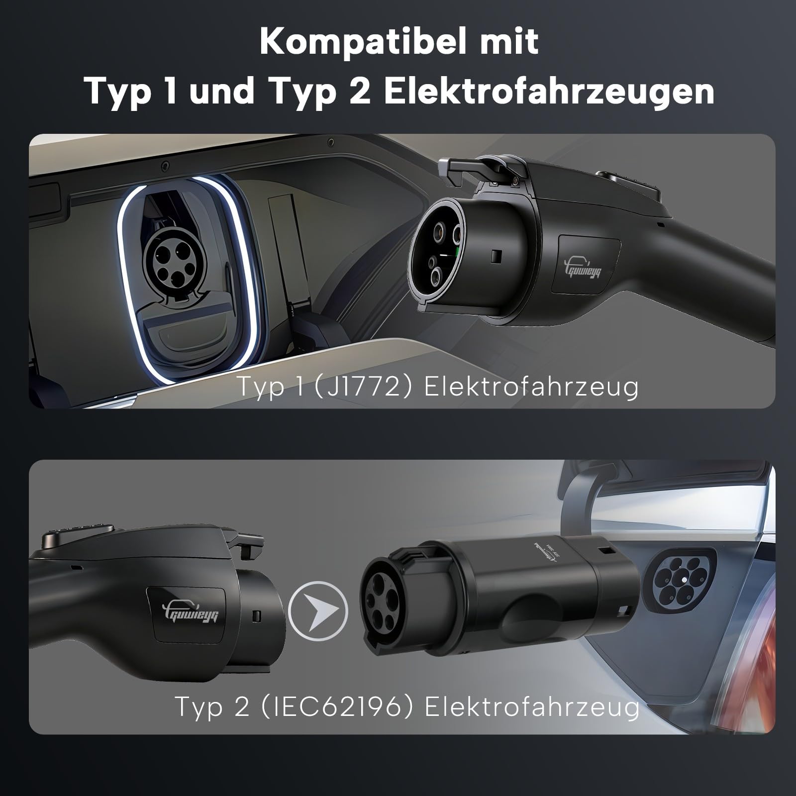 Typ 1 Ladekabel Schuko, 3,5kW /5M EV Ladegerät mit Typ 1 auf Typ 2 Adapter, Verstellbarer Strom 8-16A Elektroauto Ladegerät für J1772 EVs