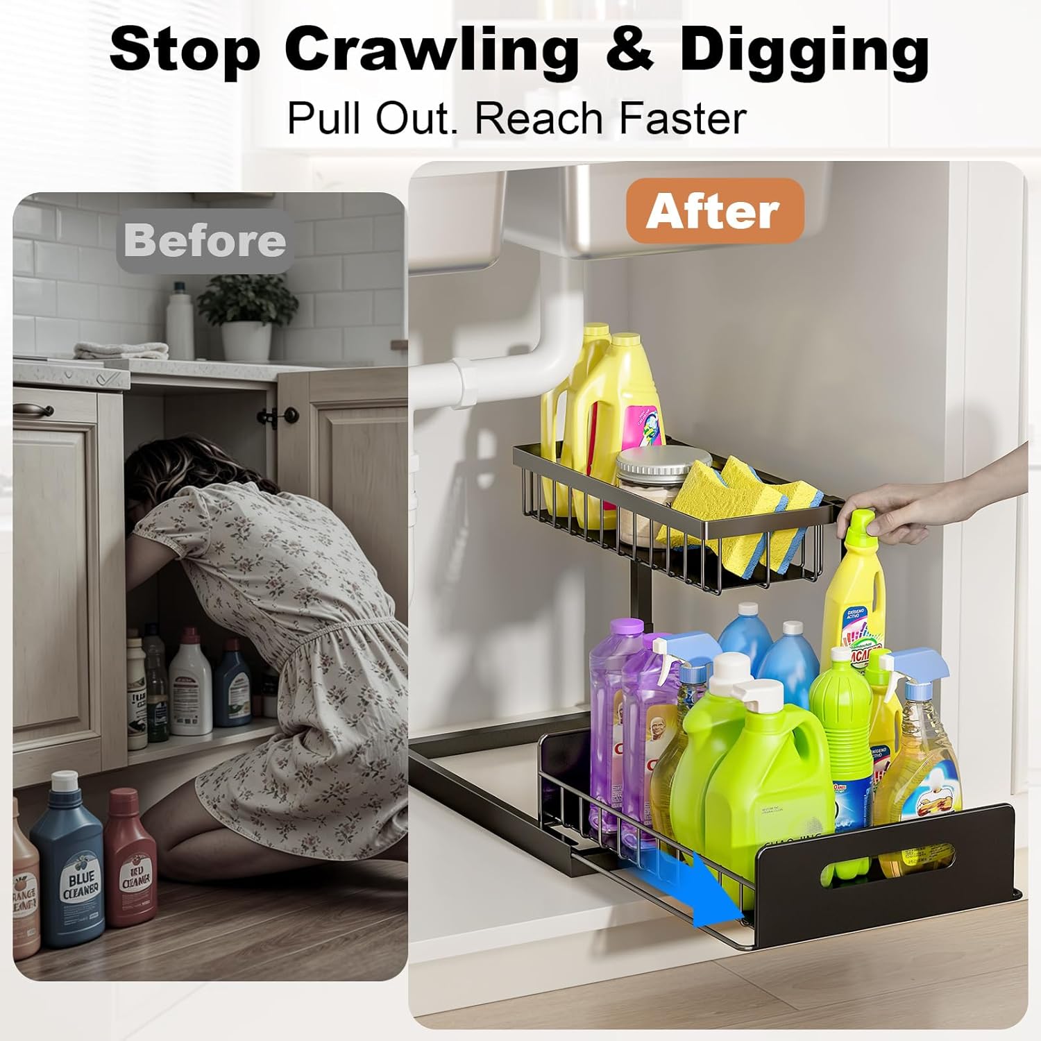 REALINN Under Sink Organizer, L-Shaped 2 Tier Pull Out Cabinet Organizer for Kitchen and Bathroom, Slide Out Under Cabinet Storage, Metal Under Sink Storage with Sliding Drawer, 50 lbs, Black 2 Pack