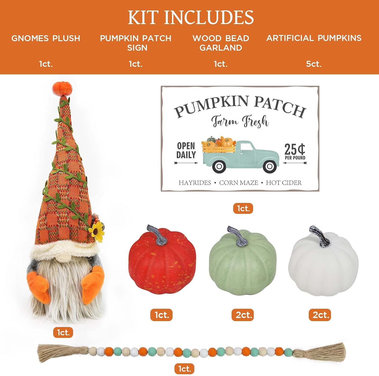 Fall Decor - Fall Decorations for Home - Gnomes Plush with 5 Artificial Pumpkins & Bead Garland and Wood Sign - Farmhouse Rustic Tiered Tray Items for Autumn Halloween Thanksgiving Harvest Decoration