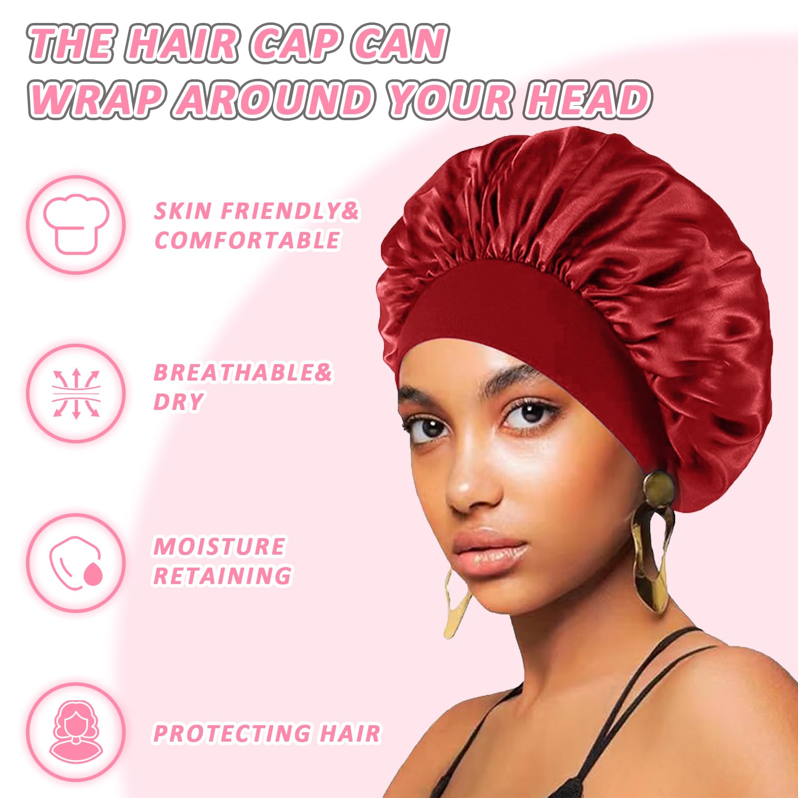 4Pcs Satin Bonnet, Hair Bonnet for Sleeping Silk Hair Hat, Night Hair Sleeping Caps with Wide Elastic Band - Image 2