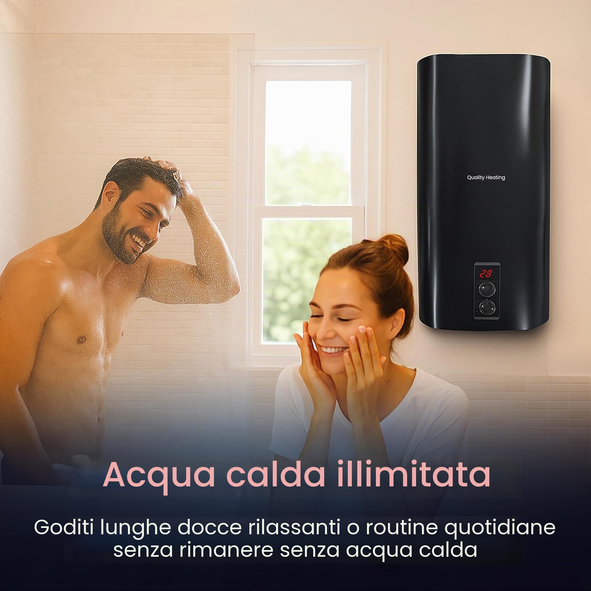 scaldabagno elettrico 30 L, 1500 W, controllo digitale, valvola di sicurezza inclusa, installazione a parete, efficiente, boiler elettrico bianco