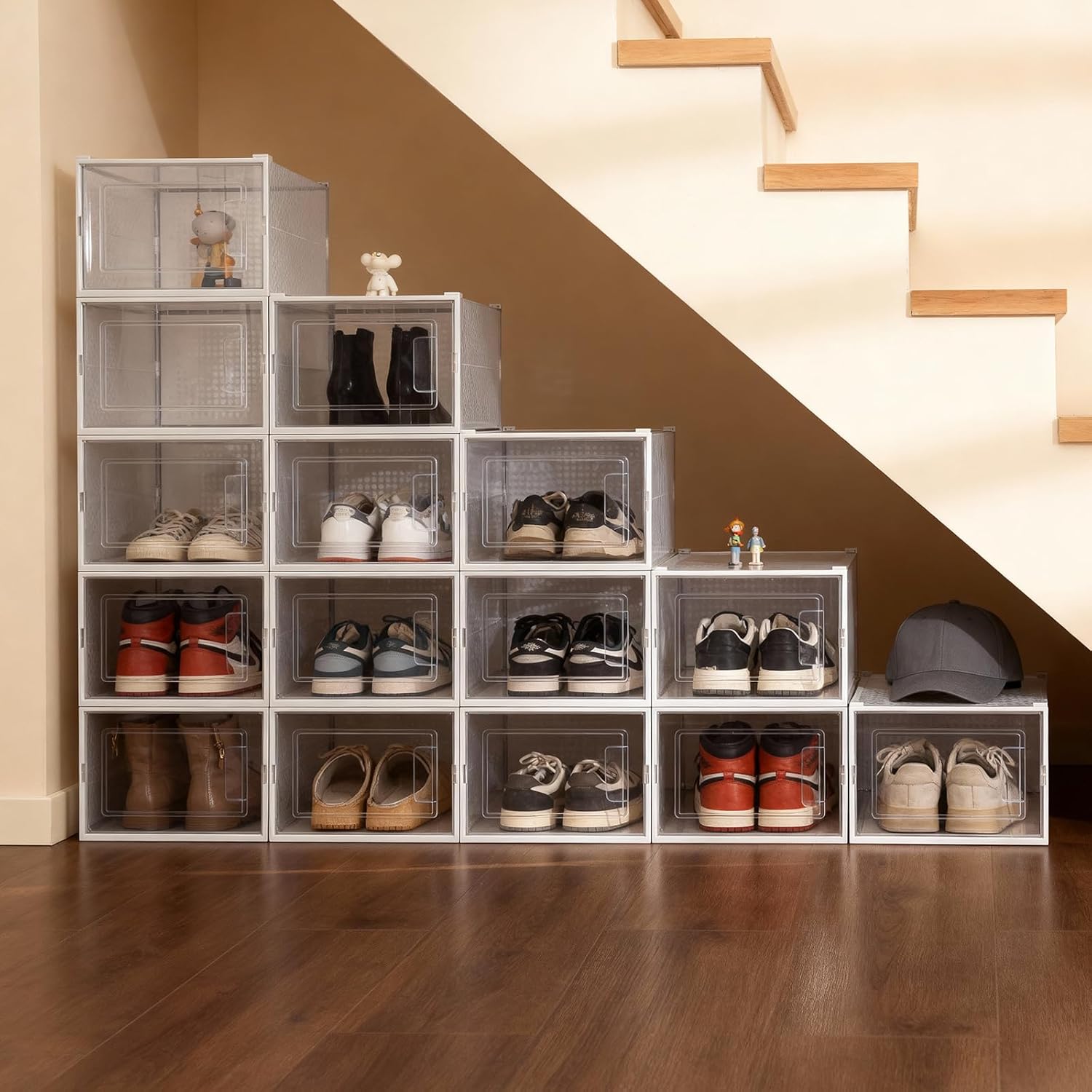 Shoe Storage Boxes, Stack Without Toppling Modular storage boxes combine freely for use in closets, under beds, hallways, and entryways. Space-saving. (Transparent, 6 Pack)