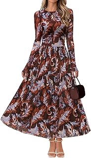 MEROKEETY Women's Long Sleeve Fall Wedding Guest Dress 2025 Crewneck Floral Flowy Mesh Cocktail Maxi Dresses