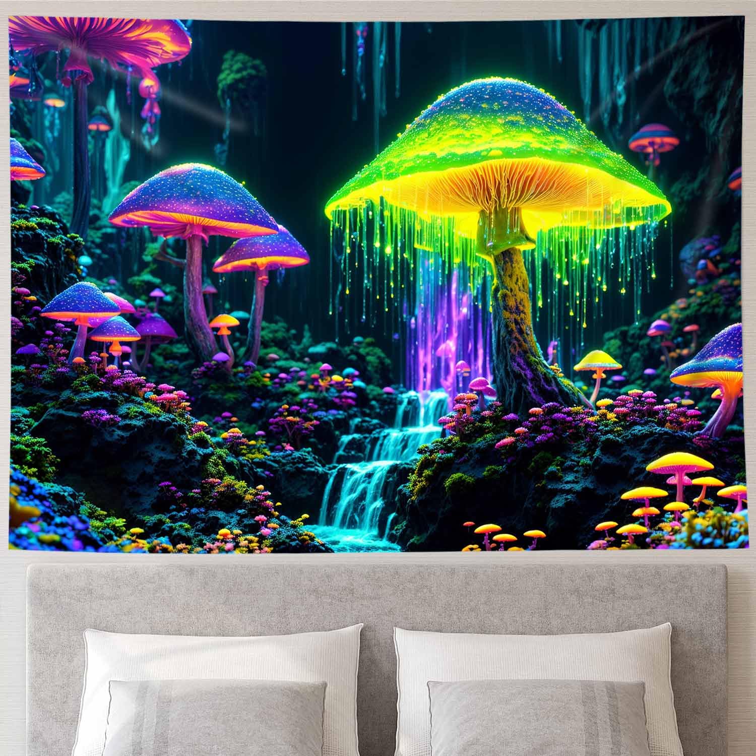 Simsant Mushroom Forest Tapestry, Magical Glowing Plants, 80x60in, Bedroom, Living Room, Office
