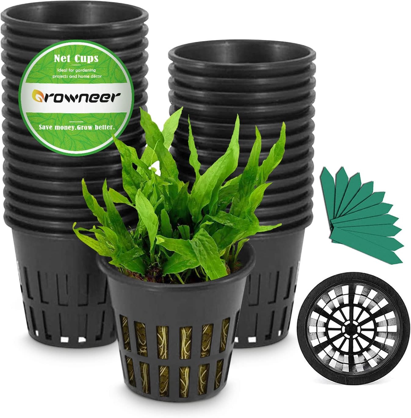 GROWNEER 25-Pack 3-Inch Net Cups Slotted Mesh Wide Lip with 10Pcs Plant Labels Heavy Duty Filter Plant Net Pot Bucket Basket for Hydroponics