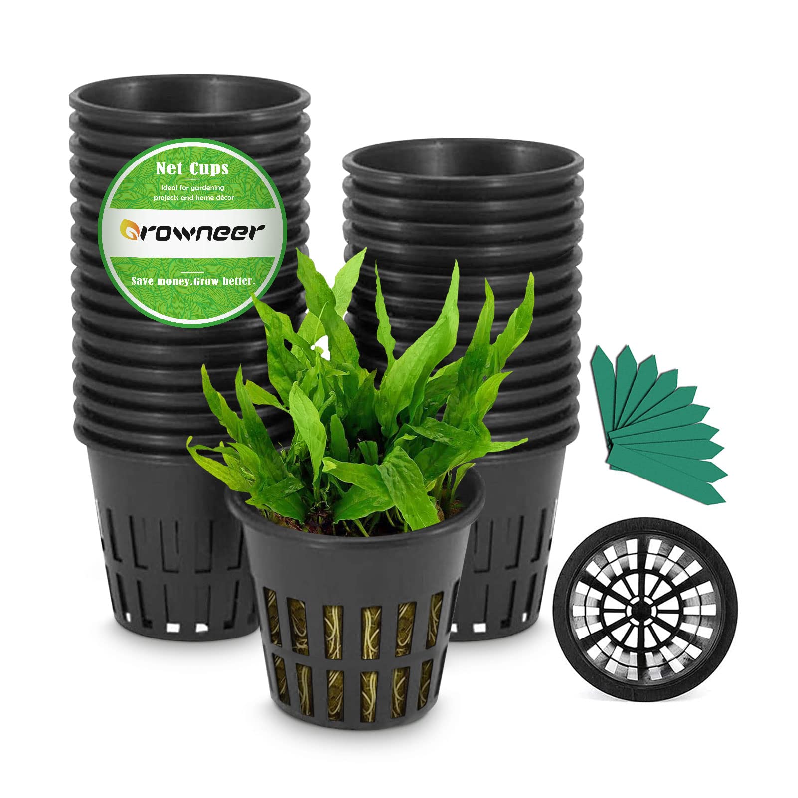 GROWNEER 25-Pack 3-Inch Net Cups Slotted Mesh Wide Lip with 10Pcs Plant Labels Heavy Duty Filter Plant Net Pot Bucket Basket for Hydroponics