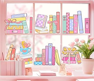 JarThenaAMCS Pink Bow Book Window Clings Back to School Colorful Inspirational Reading Corner Double-Sided Glass Decals for Girls Bedroom Classroom Library Wall Decor, 6 Sheets