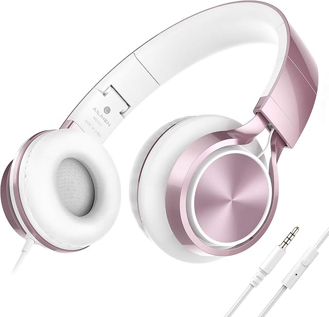 Ailihen MS300 Wired Headphones with Microphone Folding Lightweight Headset for Cellphones Tablets Smartphones Chromebook Zoom Skype Mp3/4(Rose Gold)