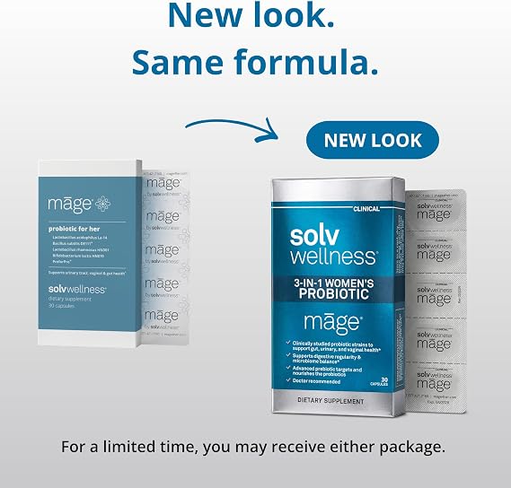 Solv Wellness Mage Probiotic for Her, Daily Womens Prebiotic and Probiotics Blend Nutritional Supplements for Digestive, Vaginal PH Balance, Urinary Tract Health Support, 30 Capsules