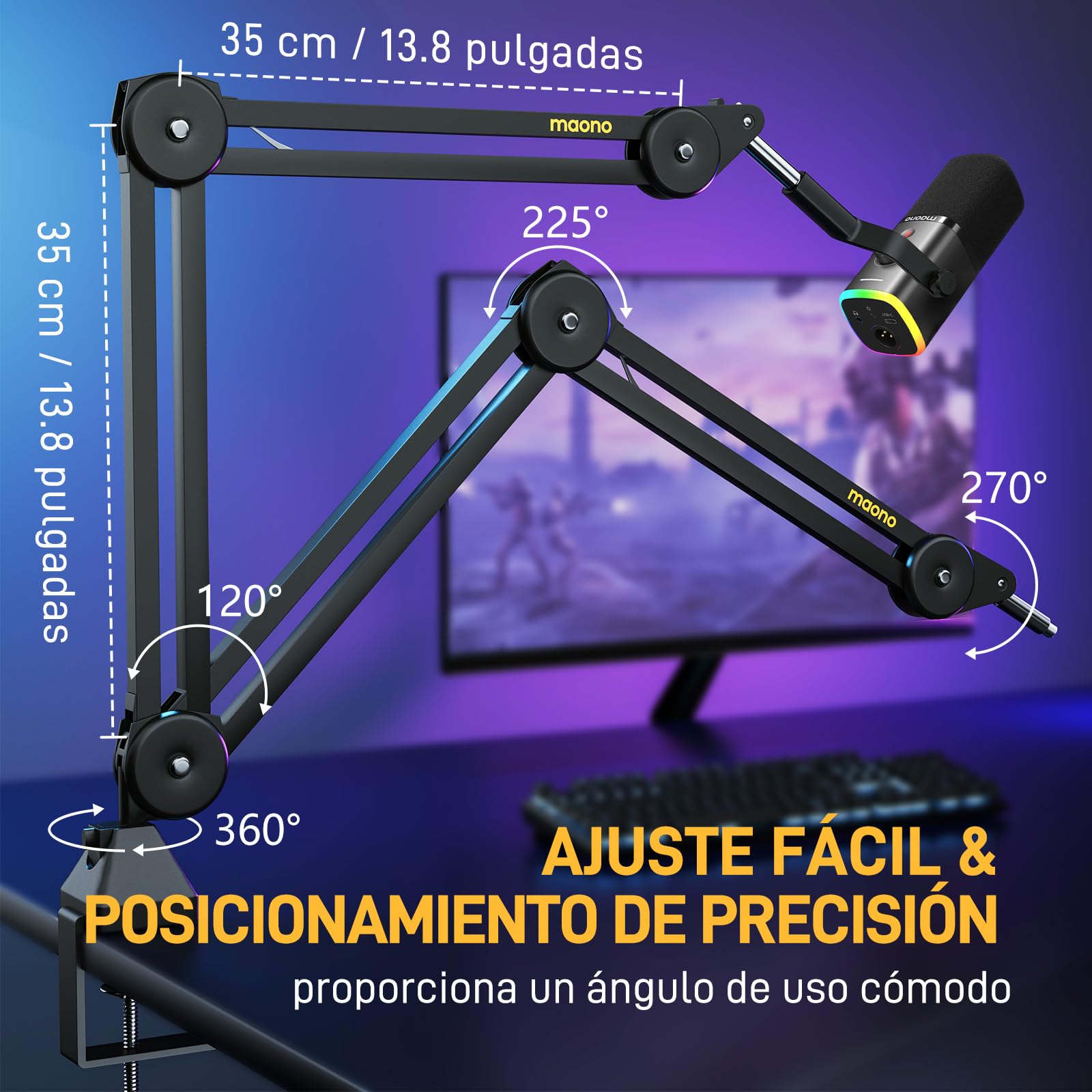 MAONO Brazo Microfono Ajustable, Soporte con Adaptador 3/8" a 5/8", Compatible con Blue Yeti, HyperX QuadCast/SoloCast, Elgato Wave, FIFINE, Ideal para Podcast, Streaming, Juegos, BA37 Negro
