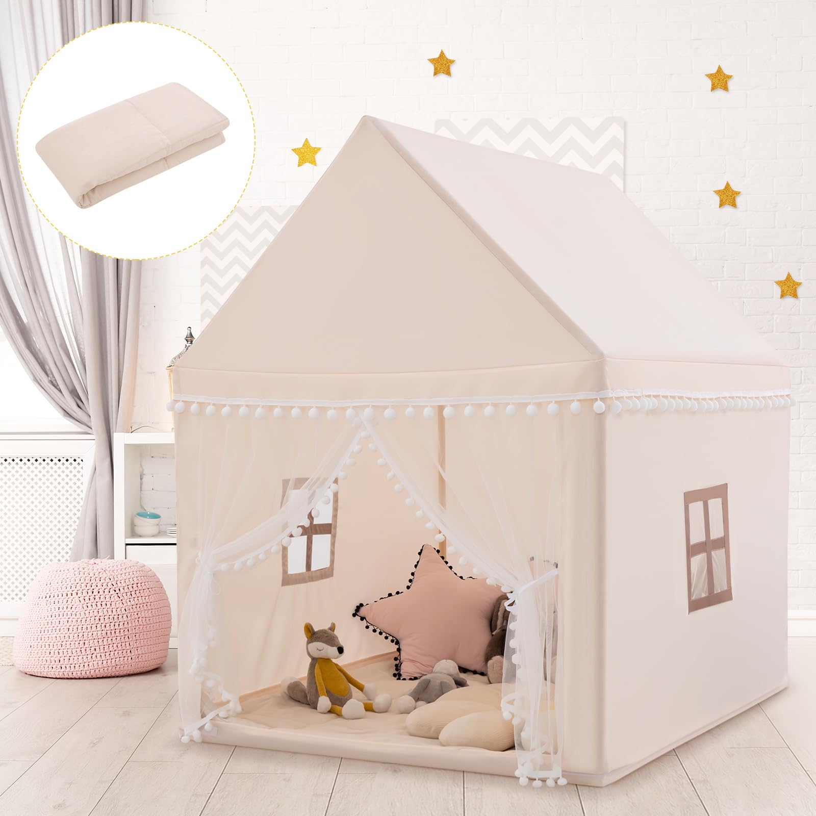 DREAMADE Tente de Jeu pour Enfant avec Tapis Épais,Cabane Garçons Filles Intérieur Extérieur avec Cadre en Bois&Moustiquaire&Fenêtre Maillée&,105x120x140CM (Beige)