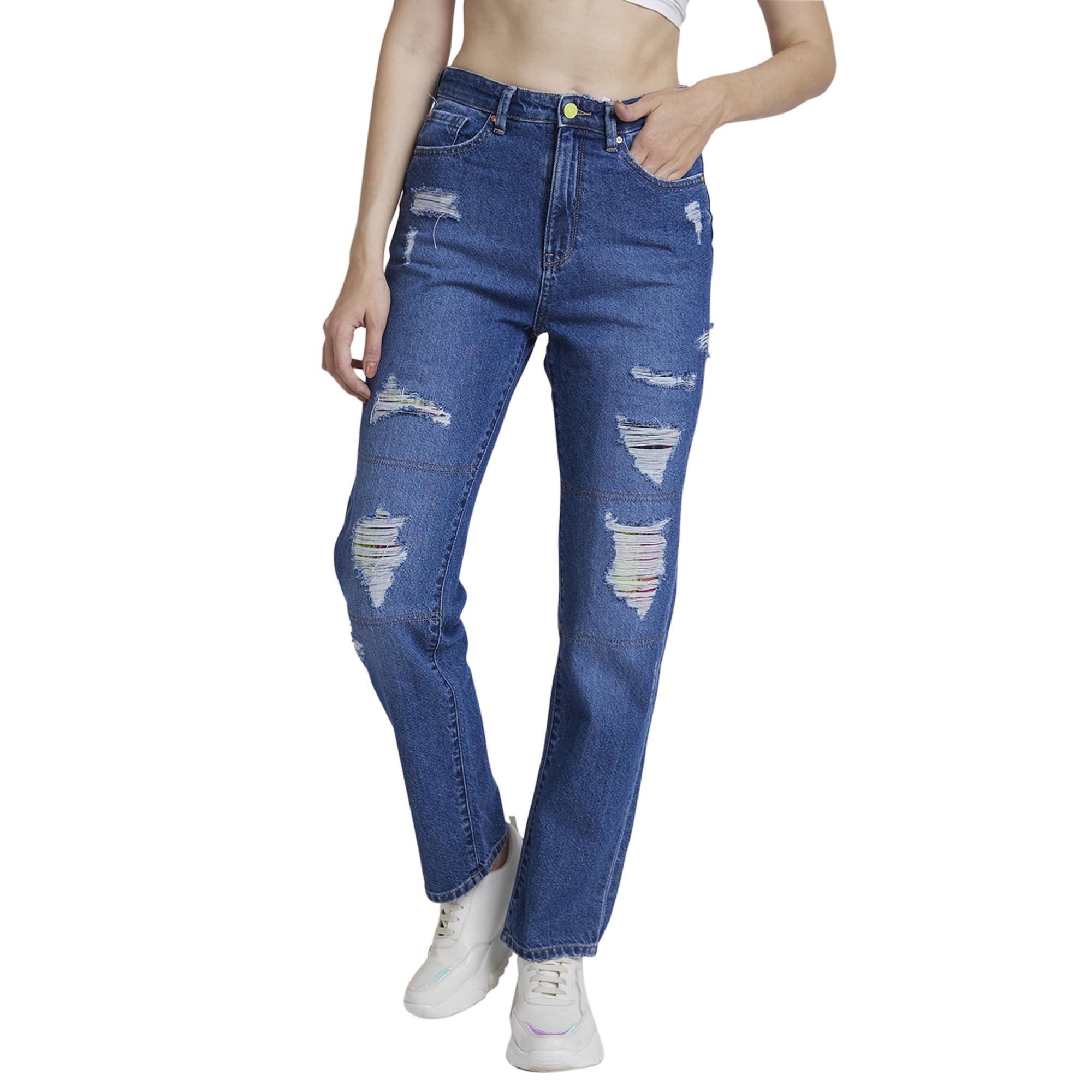 spykar Women Mid Blue Cotton Straight Fit Regular Length Highly Distressed Jeans -(Bella)-picture-27