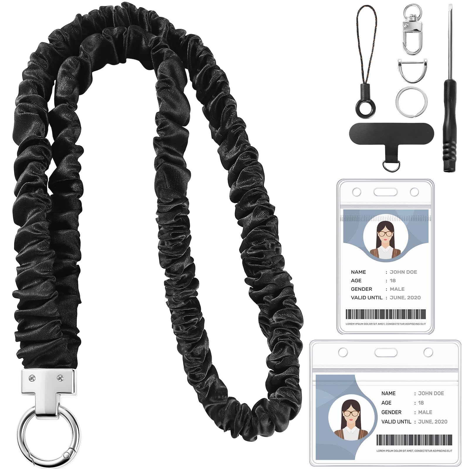 Prudiut Scrunchie Lanyard For Id Badges, Black, With Card Holder — image 1
