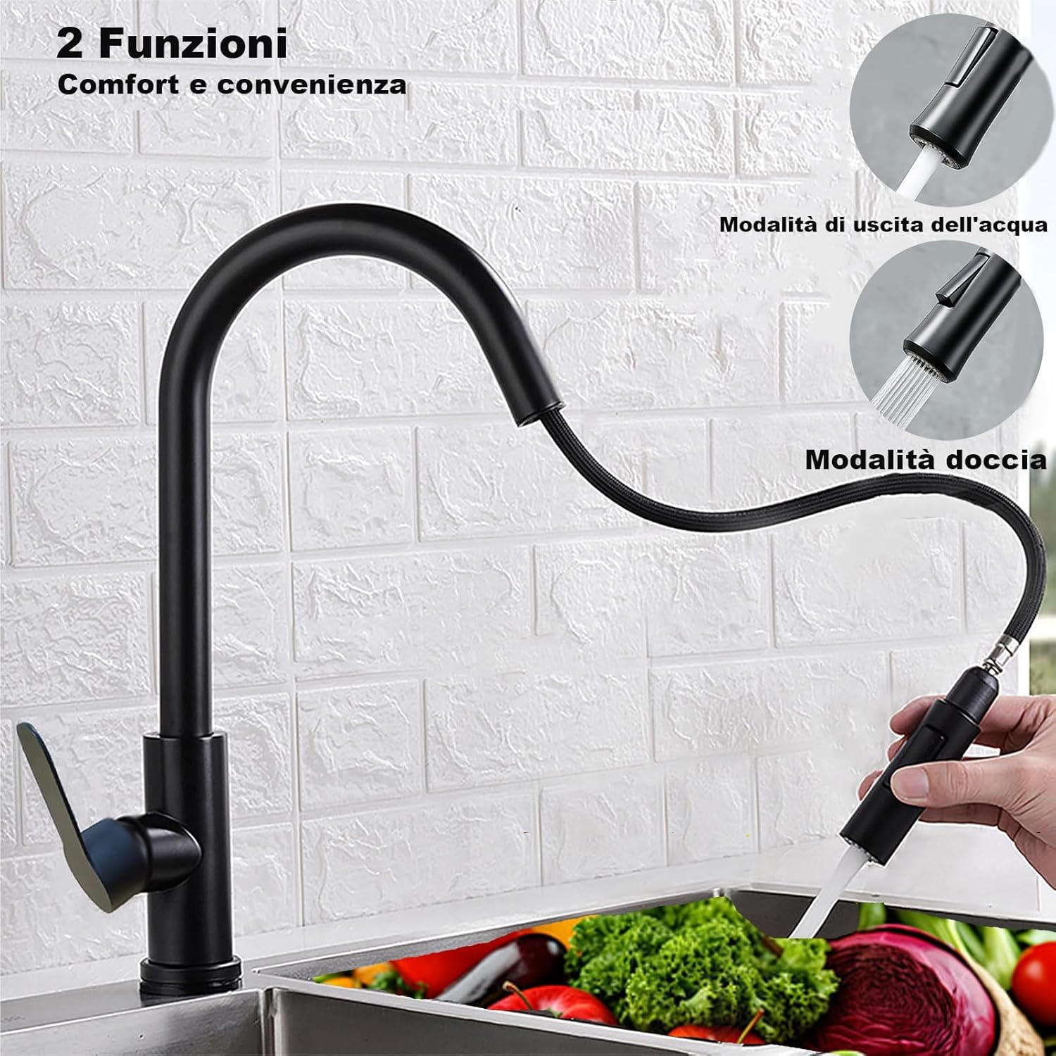 XWIHTR Rubinetto da cucina estraibile a scomparsa, rubinetto da cucina girevole a 360°, miscelatore da cucina a 2 modelli in acciaio inox, miscelatore per lavello da cucina ad alta pressione (nero)