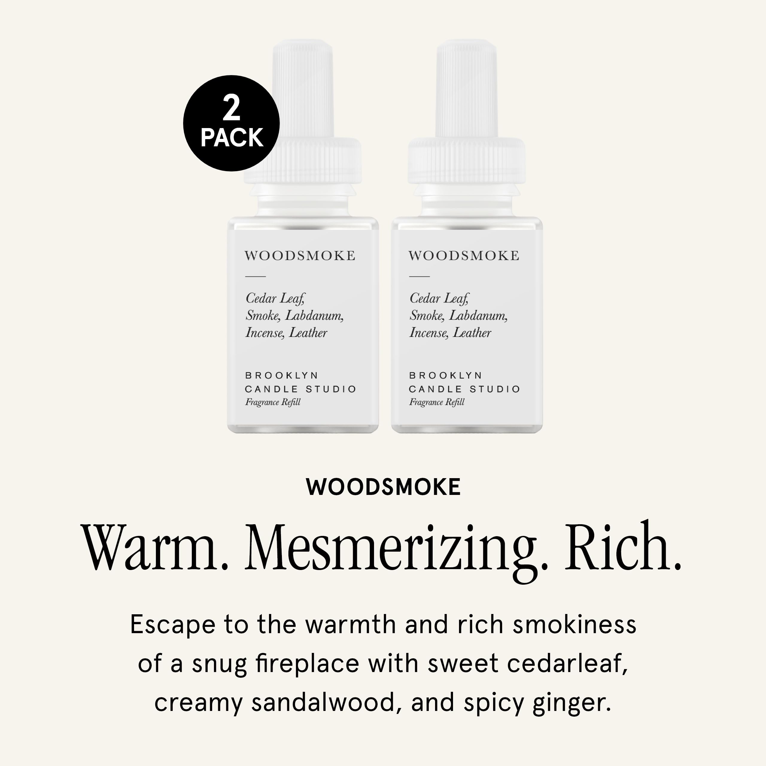 Pura & Brooklyn Candle Studio Home Scent Refill - Smart Air Diffuser - Up to 120-Hours of Luxury Fragrance per Refill - Home Essential - Clean & Safe Diffuser Fragrance - 2 Pack, Woodsmoke