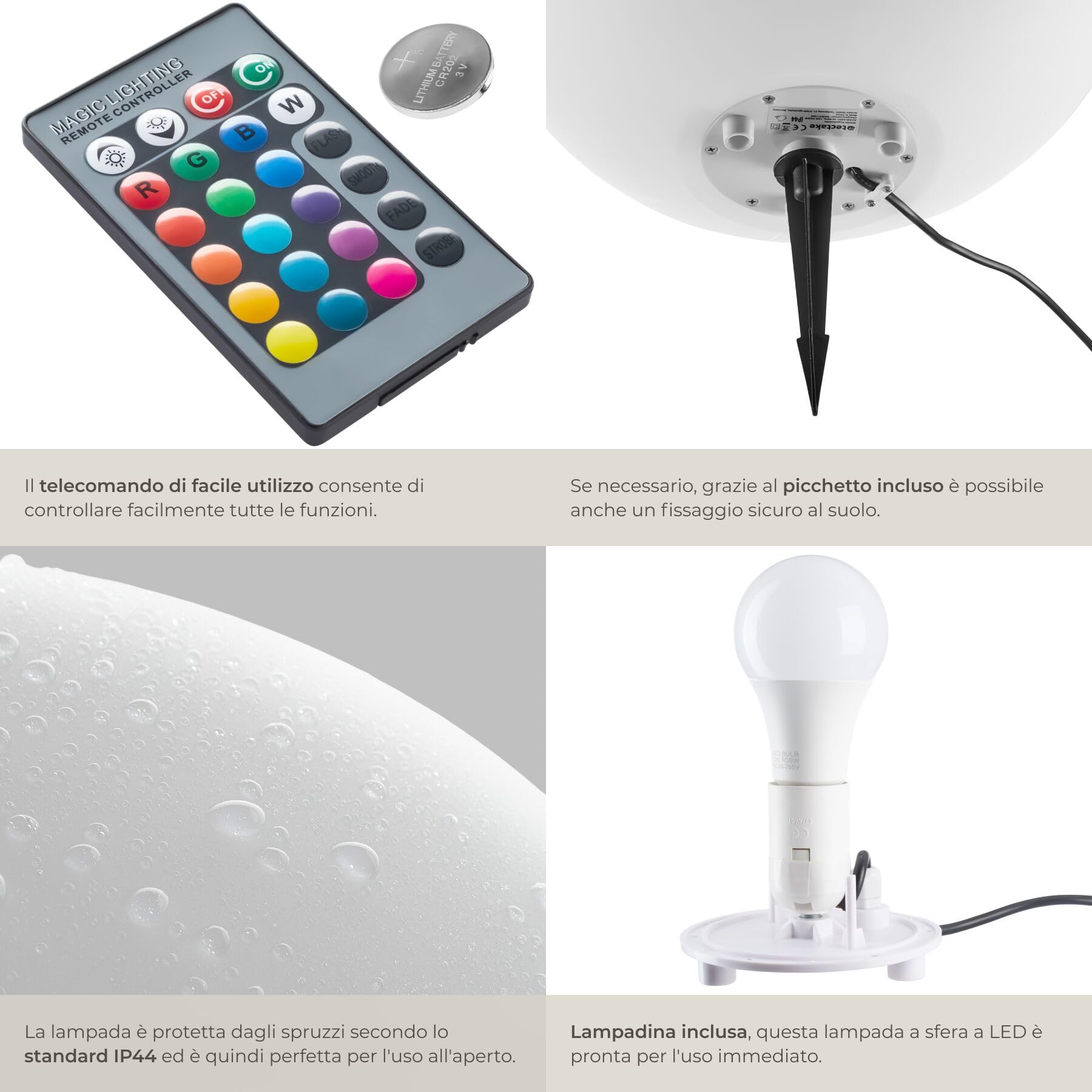 tectake® Lampada da terra Sfera LED, luce RGB da esterno e interno, telecomando, 16 colori, 1200 lumen, IP44 water proof, polietilene, luci giardino arredo esterno, piedini - M - Ø 40 x 40 cm