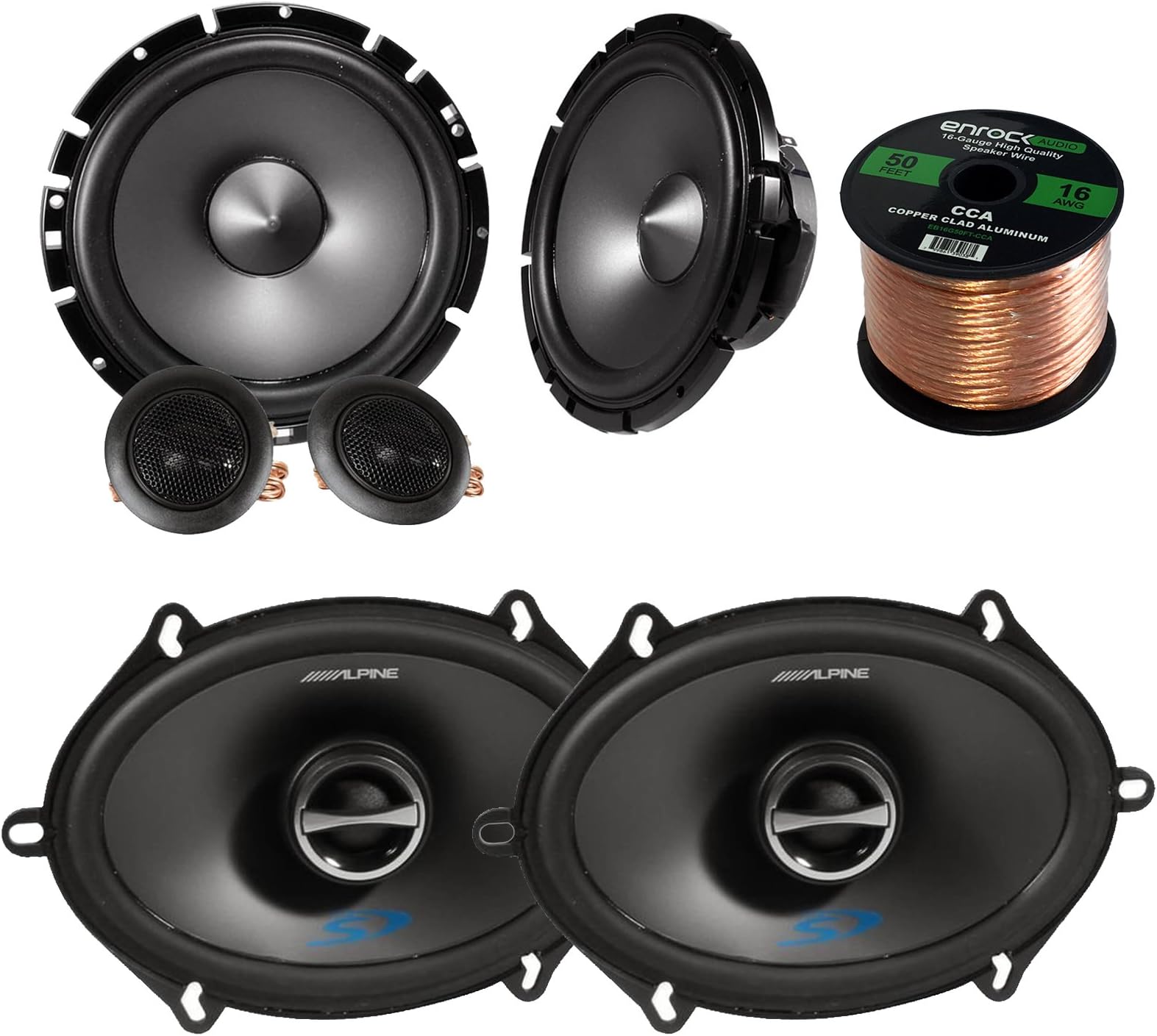 Car Speaker Package Of Alpine SPS-610 6.5" 2-Way Car Audio Speakers Bundle With Alpine SPS-517 5x7" Inch 4-Ohms Coaxial Car Stereo Speaker + Enrock 16g 50 Feet Speaker Wire