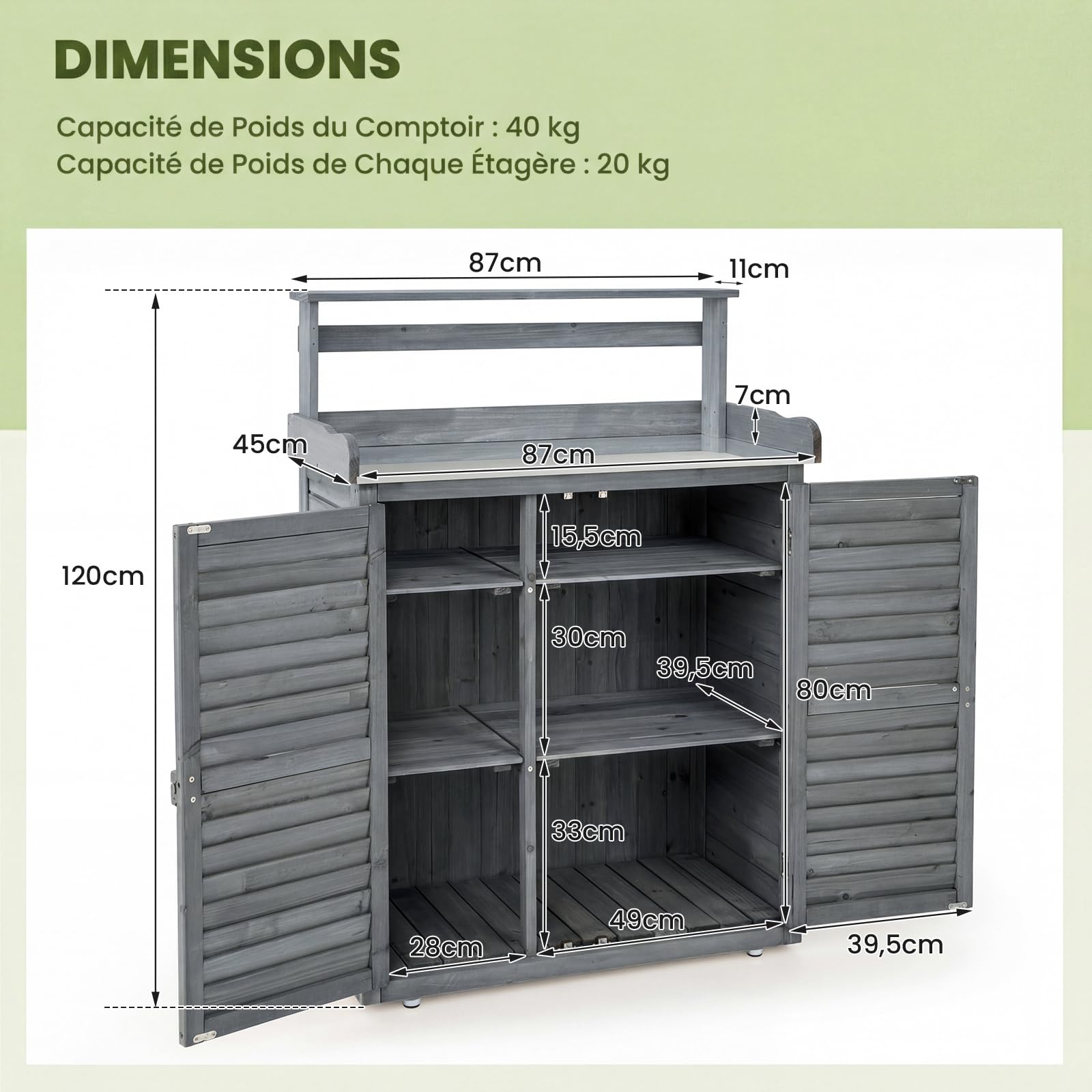 COSTWAY Armoire Jardin Bois, Armoire Exterieur avec Plan de Travail en Métal, 3 Crochets, Etagères Amovibles, Portes à Persiennes, Table de Rempotage, Meuble Exterieur Rangement (Gris)