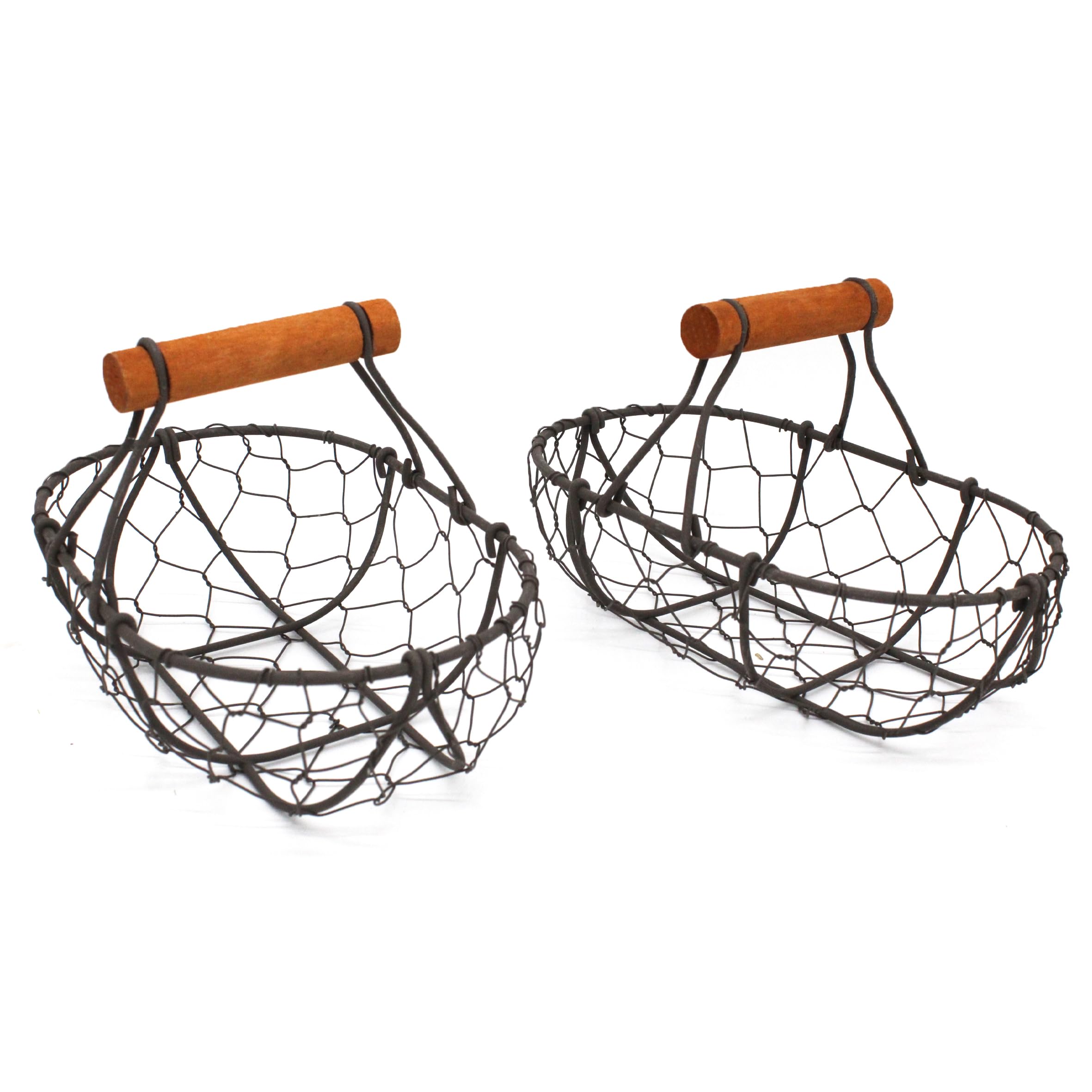 CVHOMEDECO. Cestas ovaladas para huevos de alambre de gallinero Cestas de recolección de óxido con asa de madera Cestas de almacenaje de estilo country vintage. Juego de 2