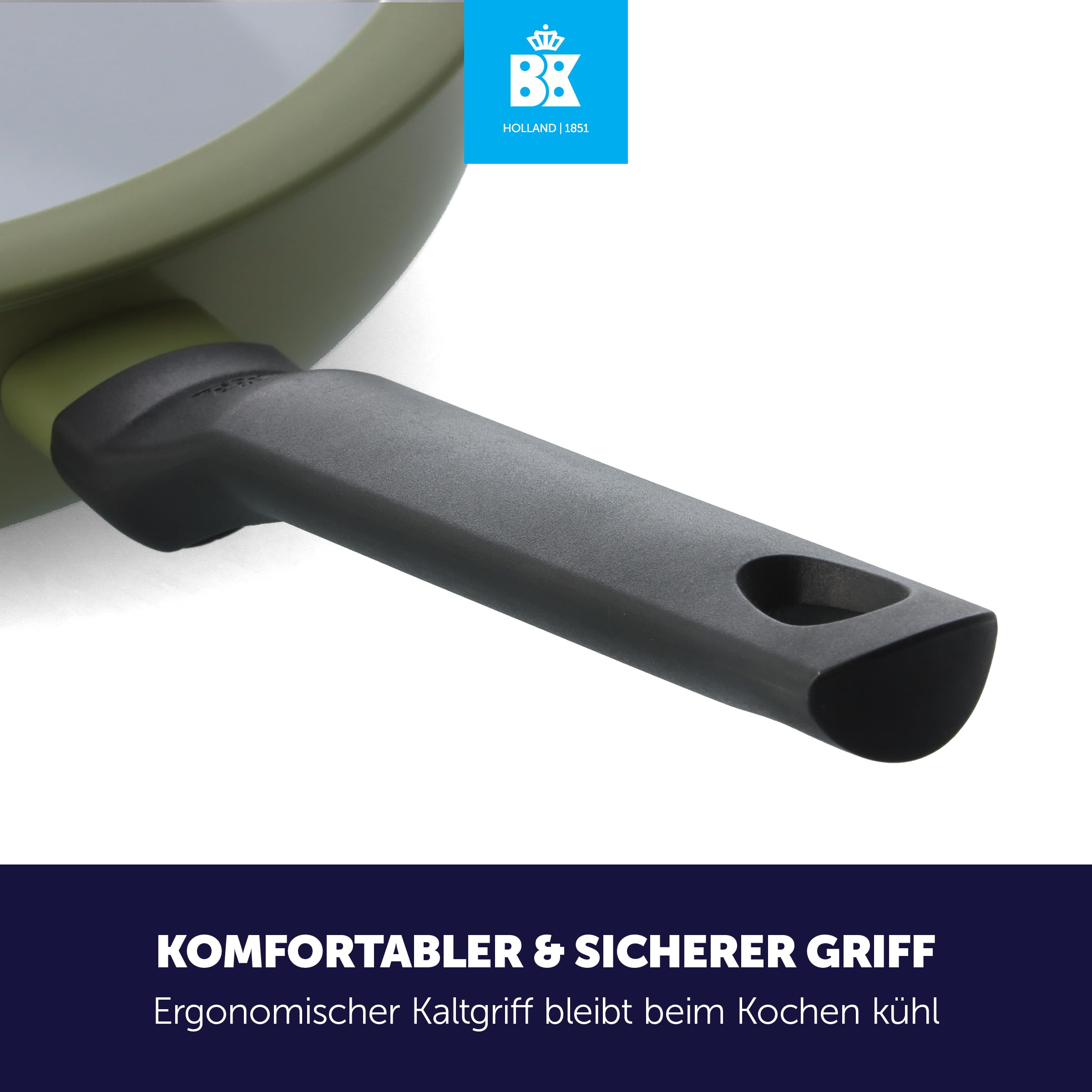 BK Enjoy - Padella antiaderente in ceramica con coperchio, Ø 28 cm/3,4 l, senza PFAS, adatta al forno fino a 160 °C, lavabile in lavastoviglie, riscaldamento rapido, manici freddi, verde oliva