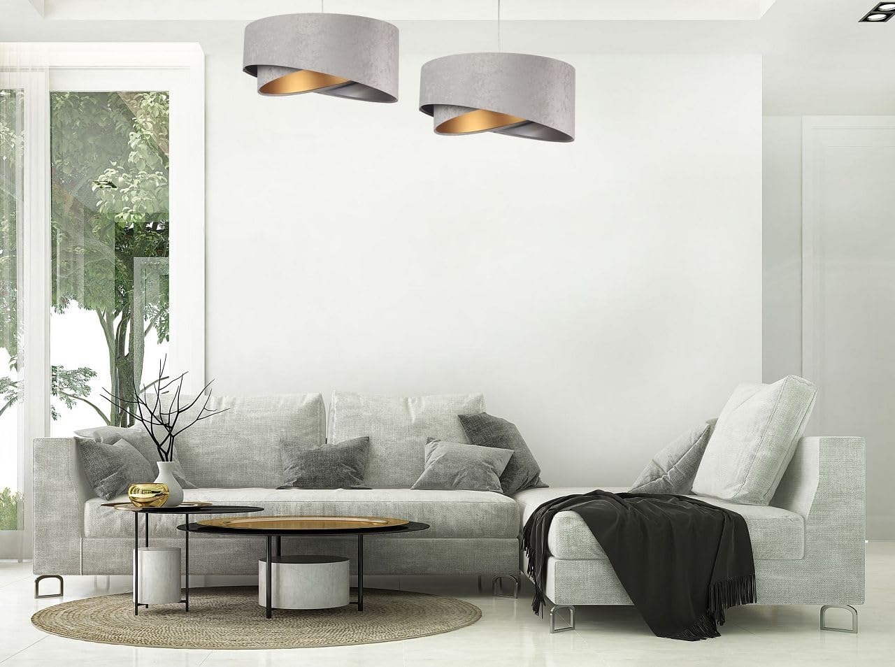 Licht-Erlebnisse Hängeleuchte Stoff E27 rund D: 50 cm in Grau Gold Silber Velours Optik Doppelschirm Modern verstellbare Hängelampe Wohnzimmer Schlafzimmer