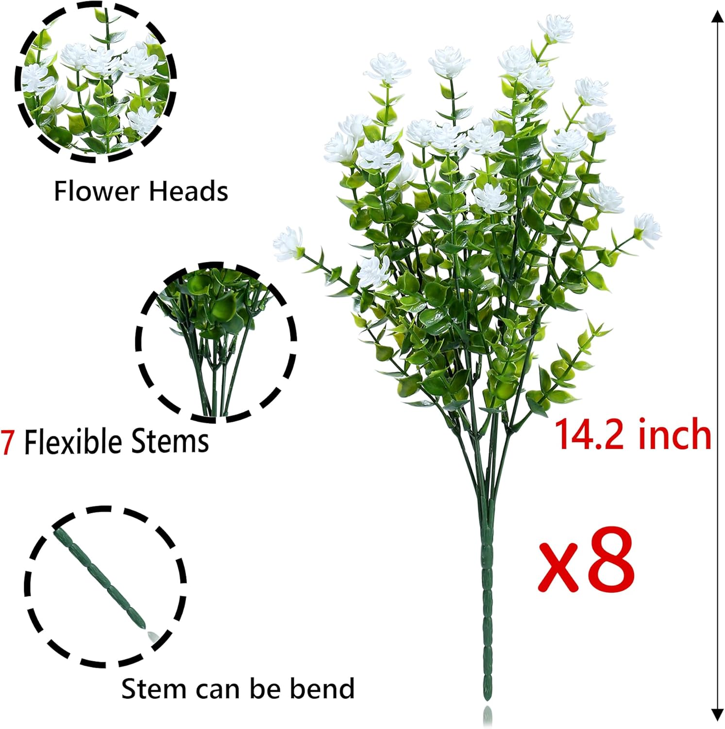 SITUMEIZI 8 Bundles White Artificial Flowers Outdoor Fake Flower Plastic UV Resistant Shrubs Greenery Plants Hanging Decorations Garden Porch Window Box Farmhouse Outside Summer Indoor Decor - Image 2