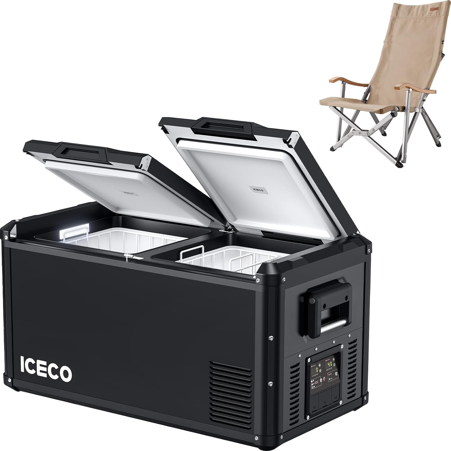 ICECO VL75 ProD Dual Zone 12V Refrigerator with Multi-directional Lid, Portable Fridge Powered by SECOP, 79Qt, Dual USB & DC, AC, 0℉-50℉, 12 Volt Freezer for Outdoor, Car, RV|With Camping Chair Camel