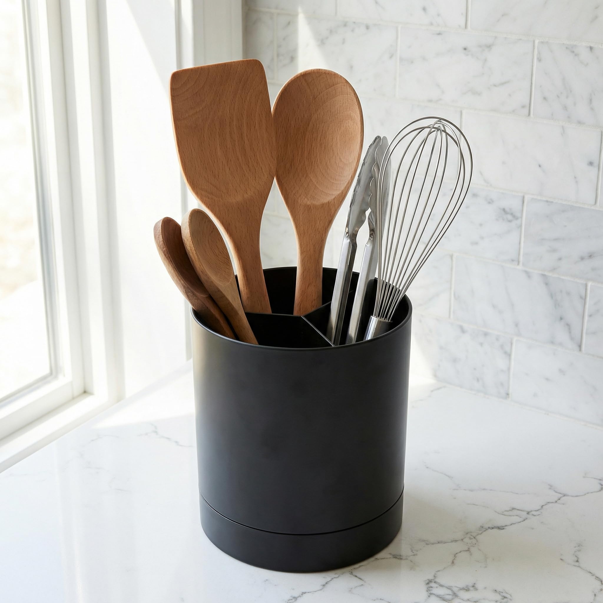 Portautensili da Cucina Moderno, Organizer per Utensili da Cucina 16.5 * 14.5cm, Portautensili Girevole a 360°, Contenitore per Utensili Nero con Base Antiscivolo, Organizzatore per Spatole